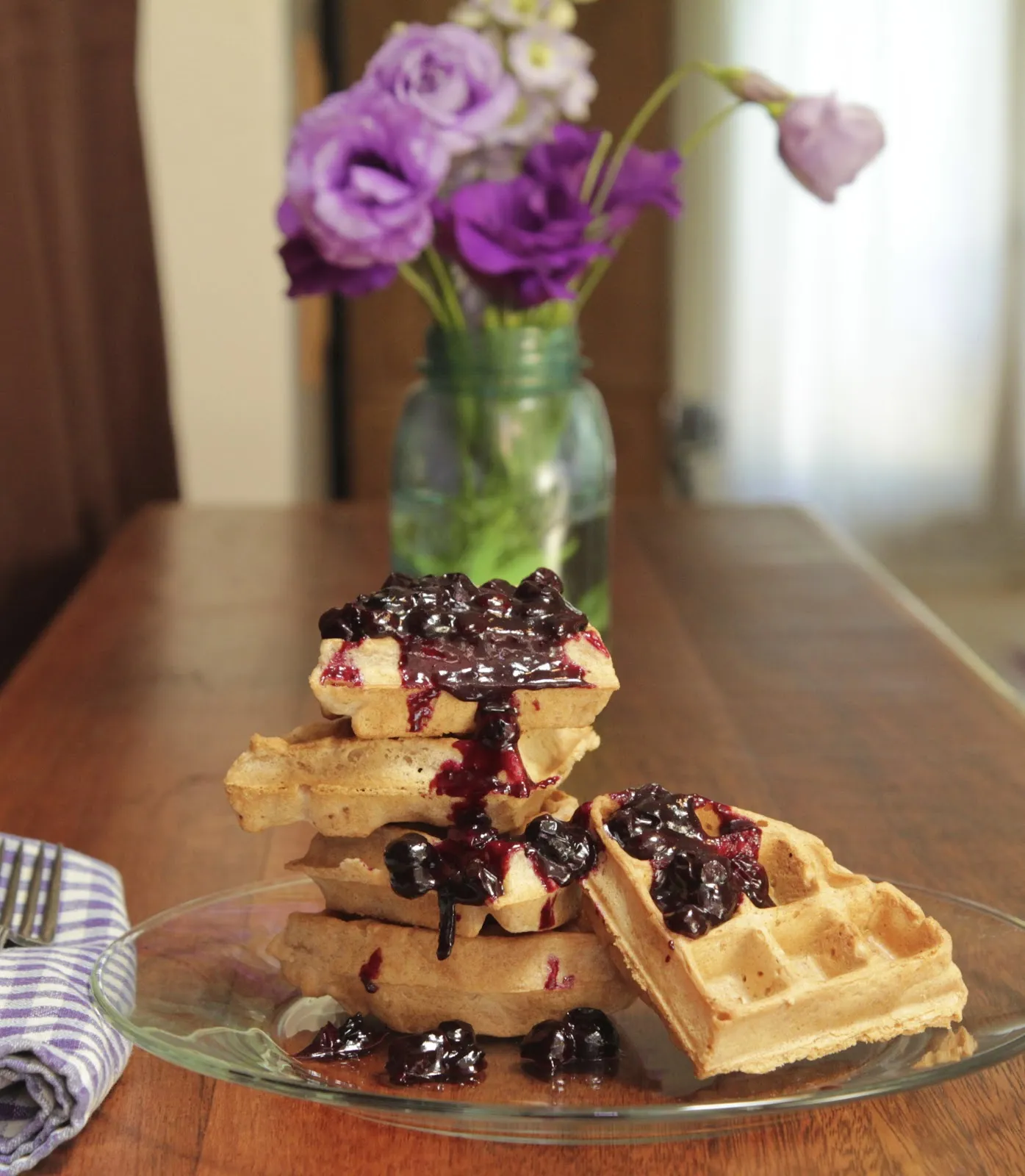 Nutty Whole Grain Waffles with Blueberry Compote