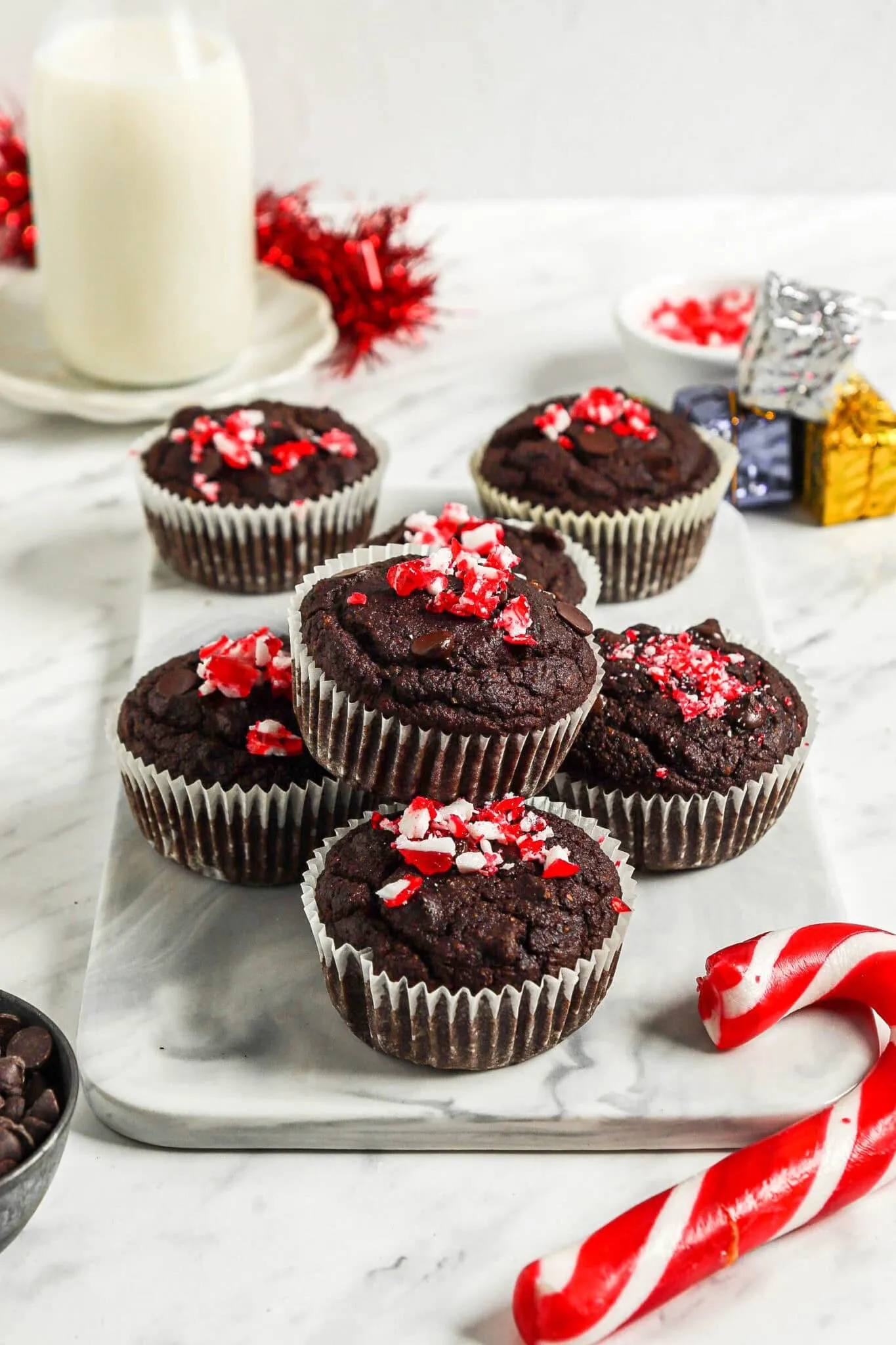 One Bowl Flourless Double Chocolate Peppermint Muffins