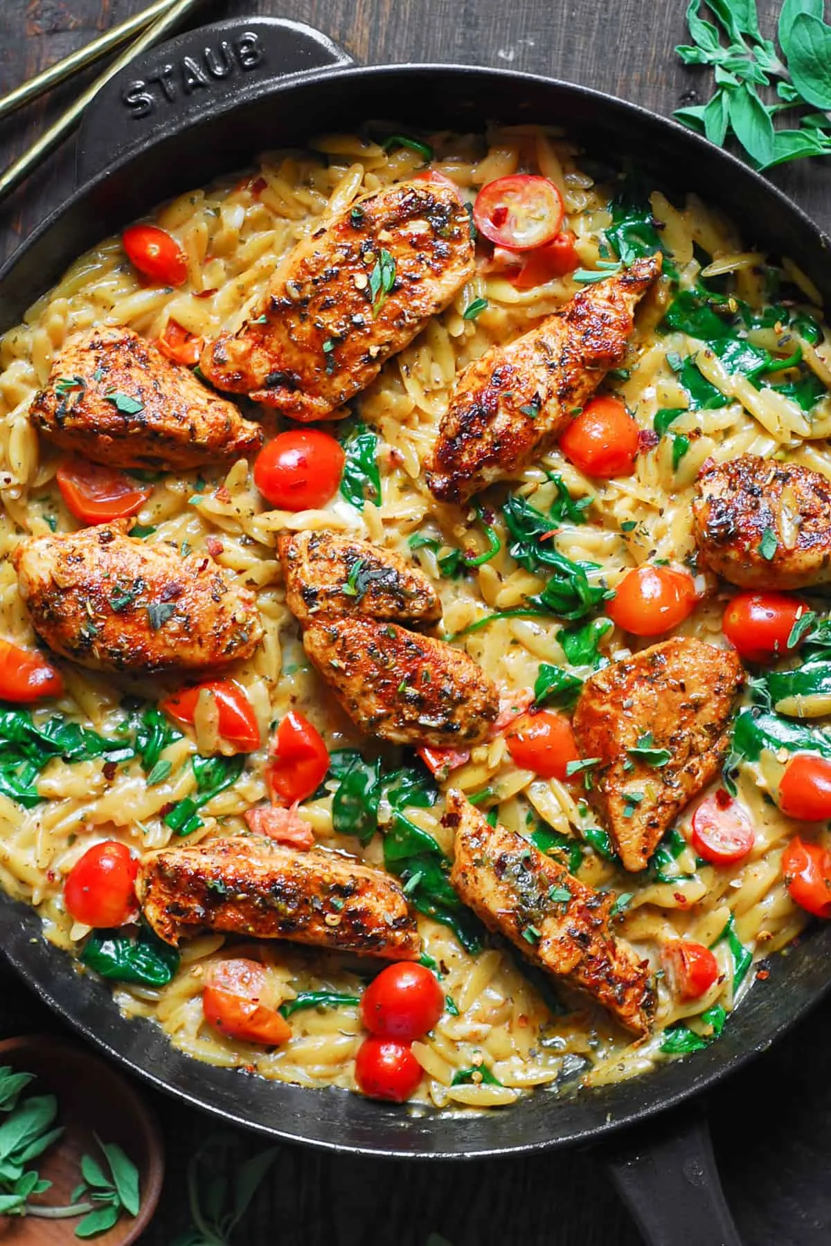 One Pan Chicken Puttanesca with Creamy Orzo