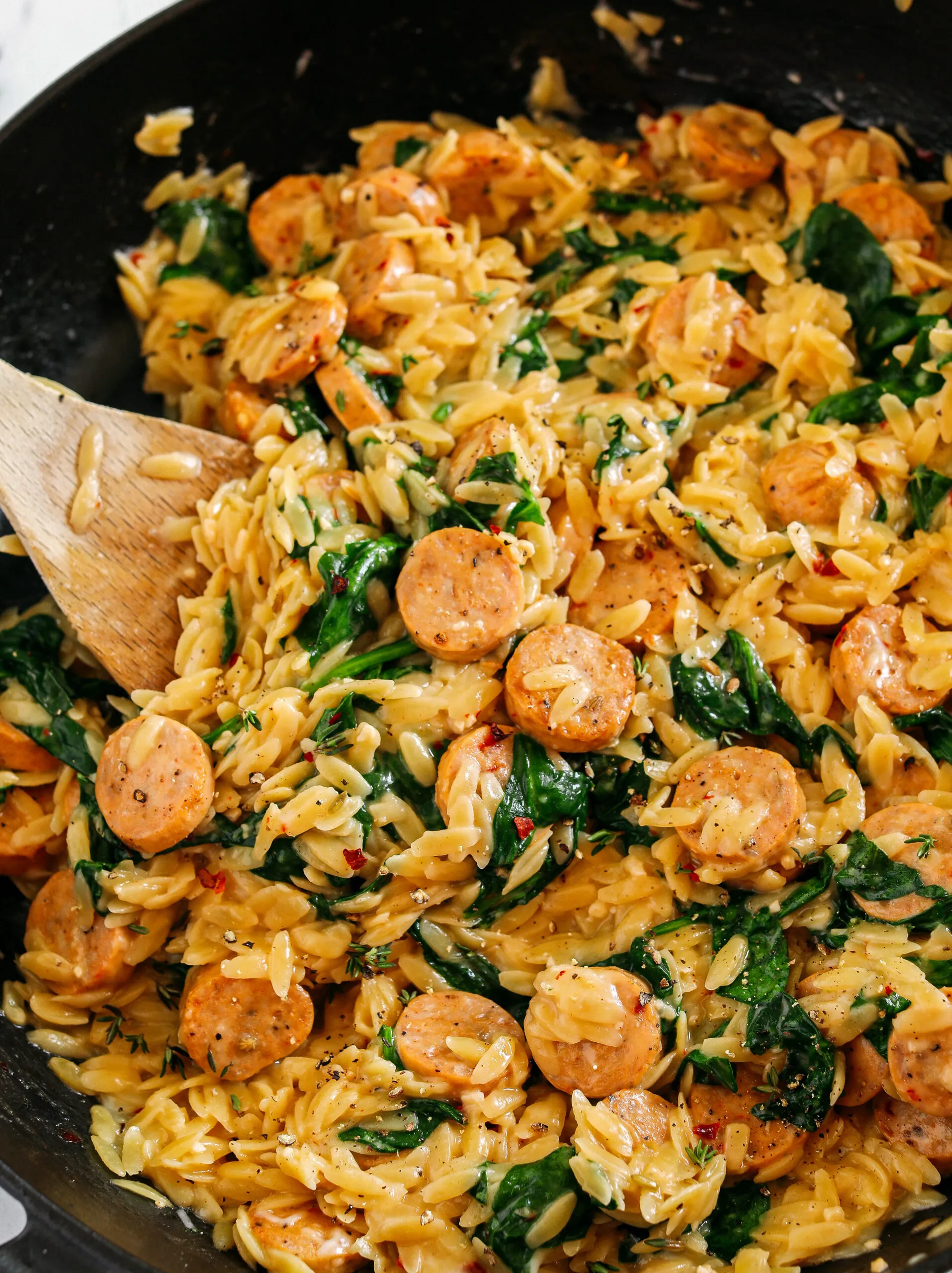 One Pan Creamy Tomato Sauce Orzo and Chicken Sausage
