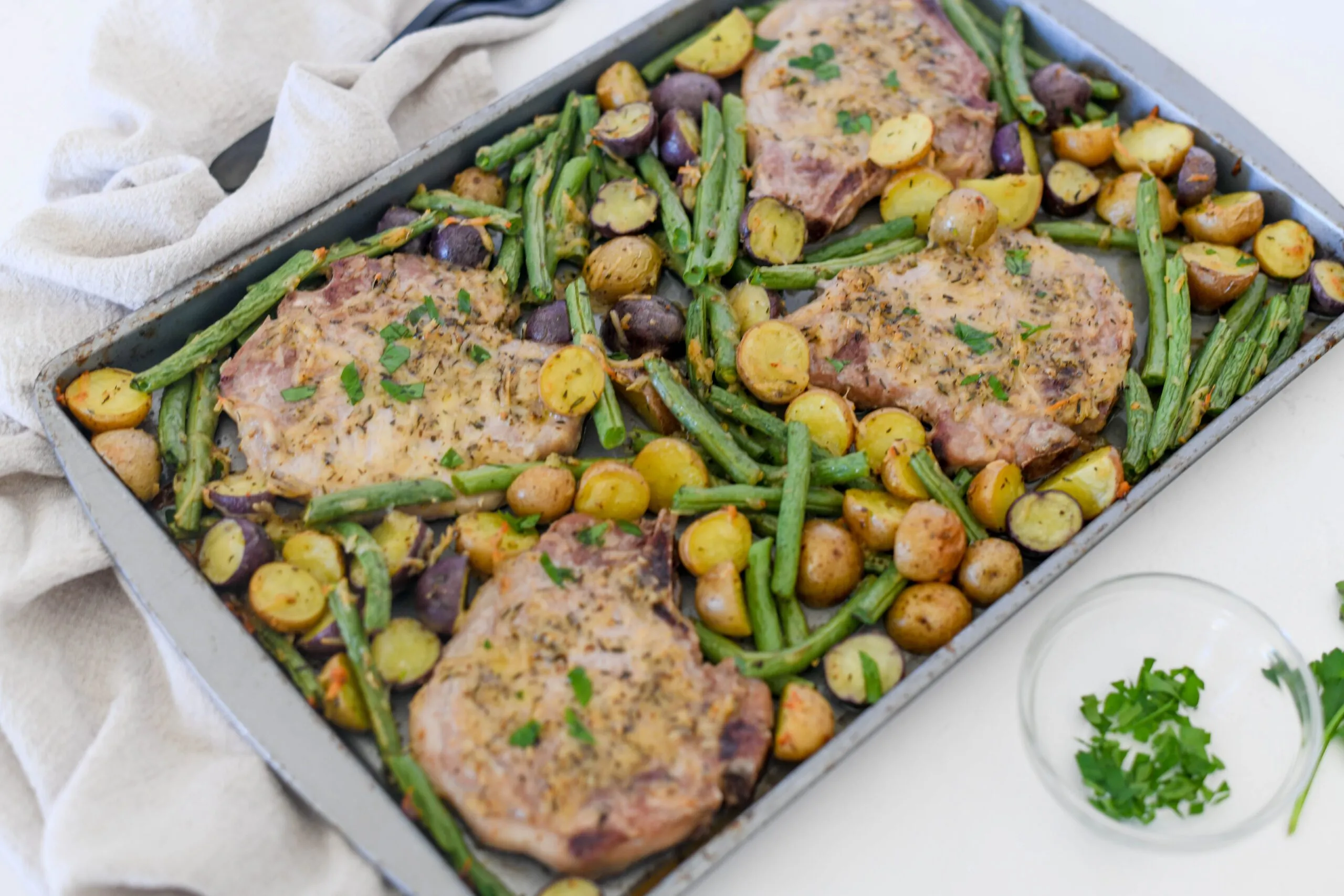 One Pan Pork Chops with Feta Snap Peas and Mint