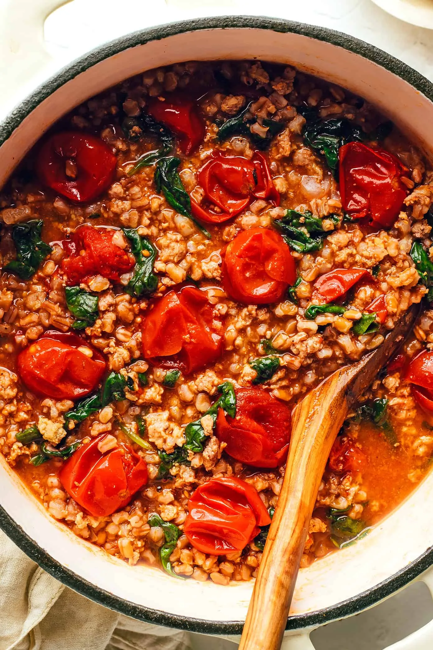 One Pot Farro with Italian Sausage and Tomatoes
