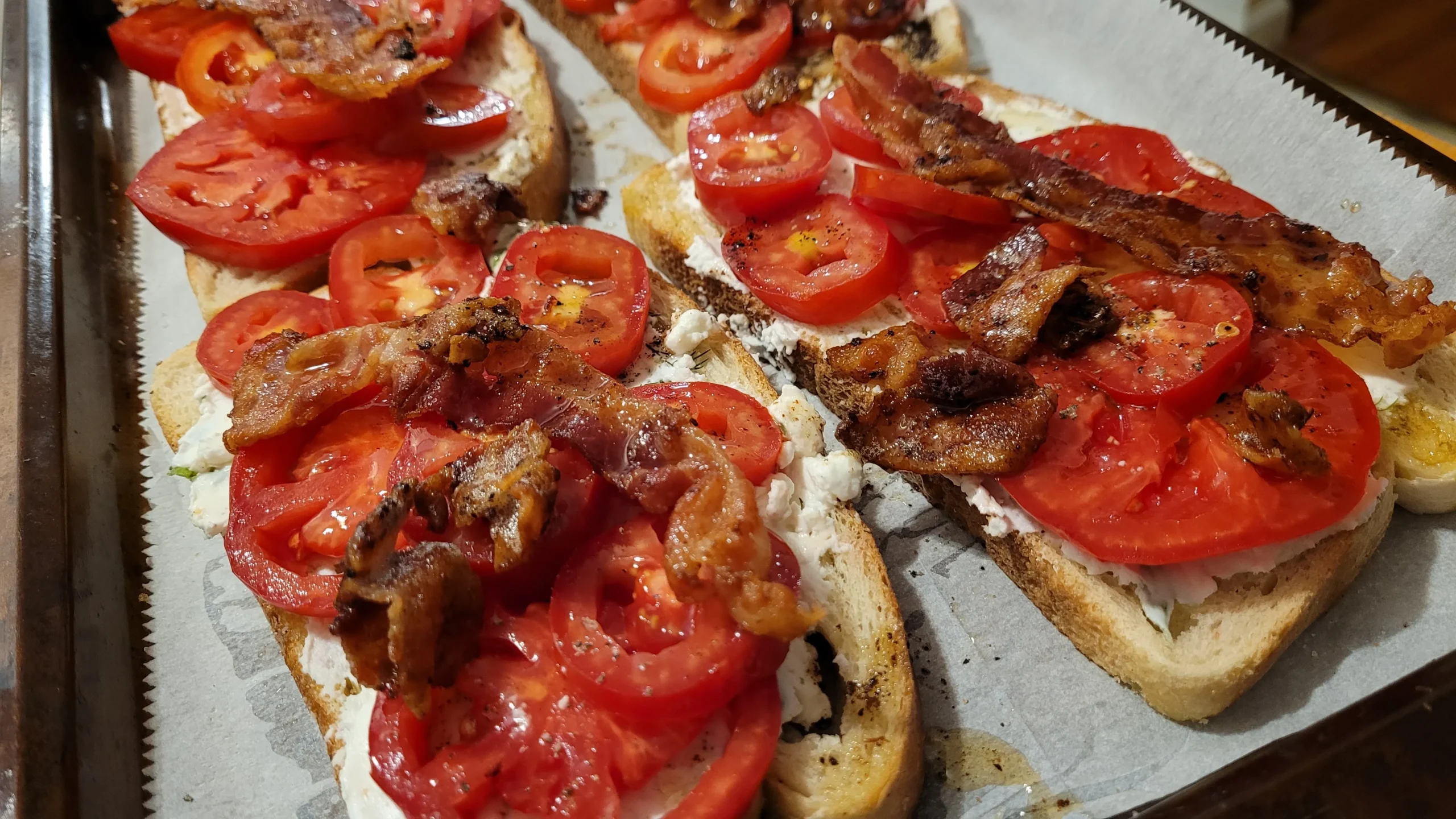 Opened Faced Tomato and Goat Cheese Sandwich with Hot Bacon Vinaigrette