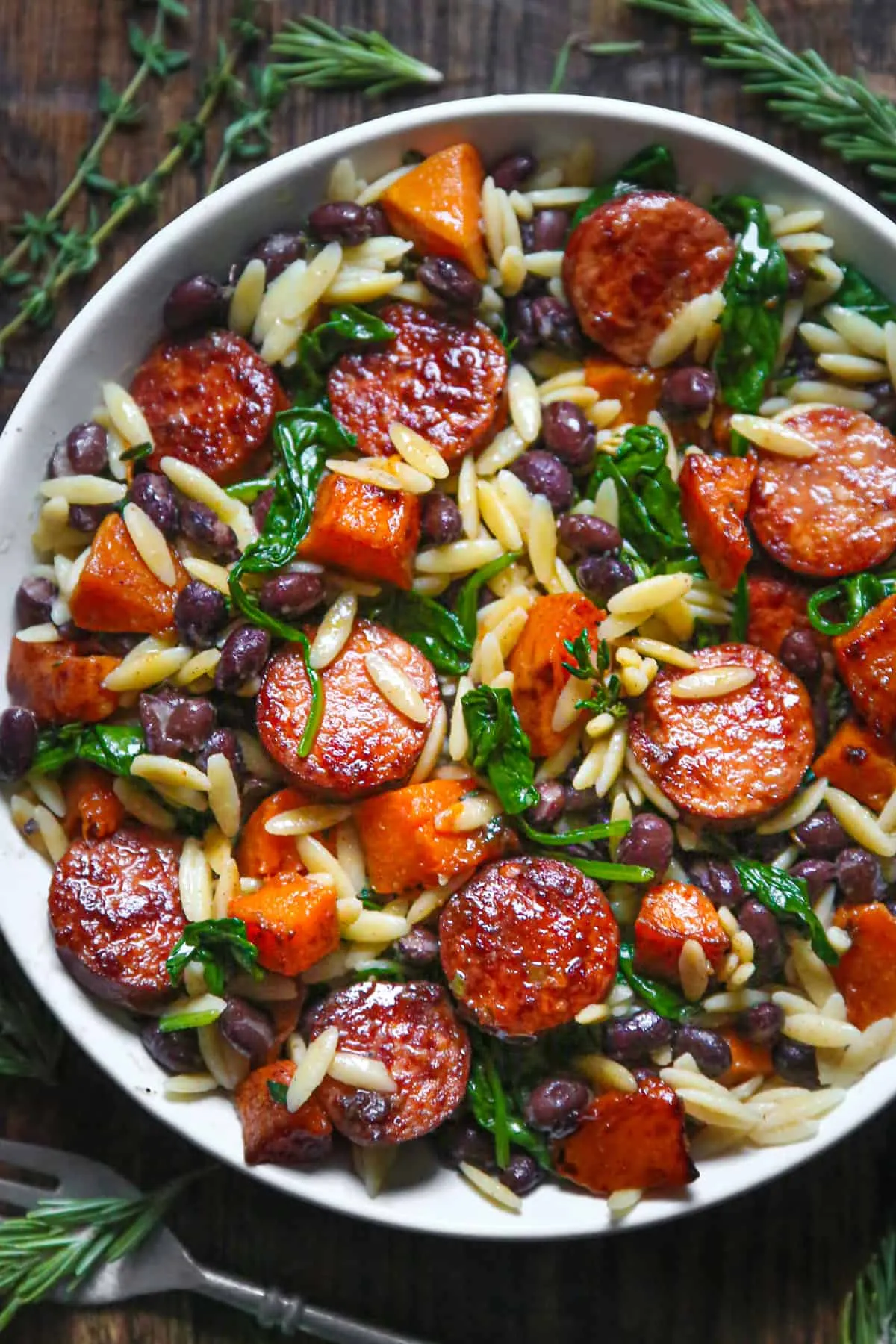 Orzo Butternut Chard Sausage Medley