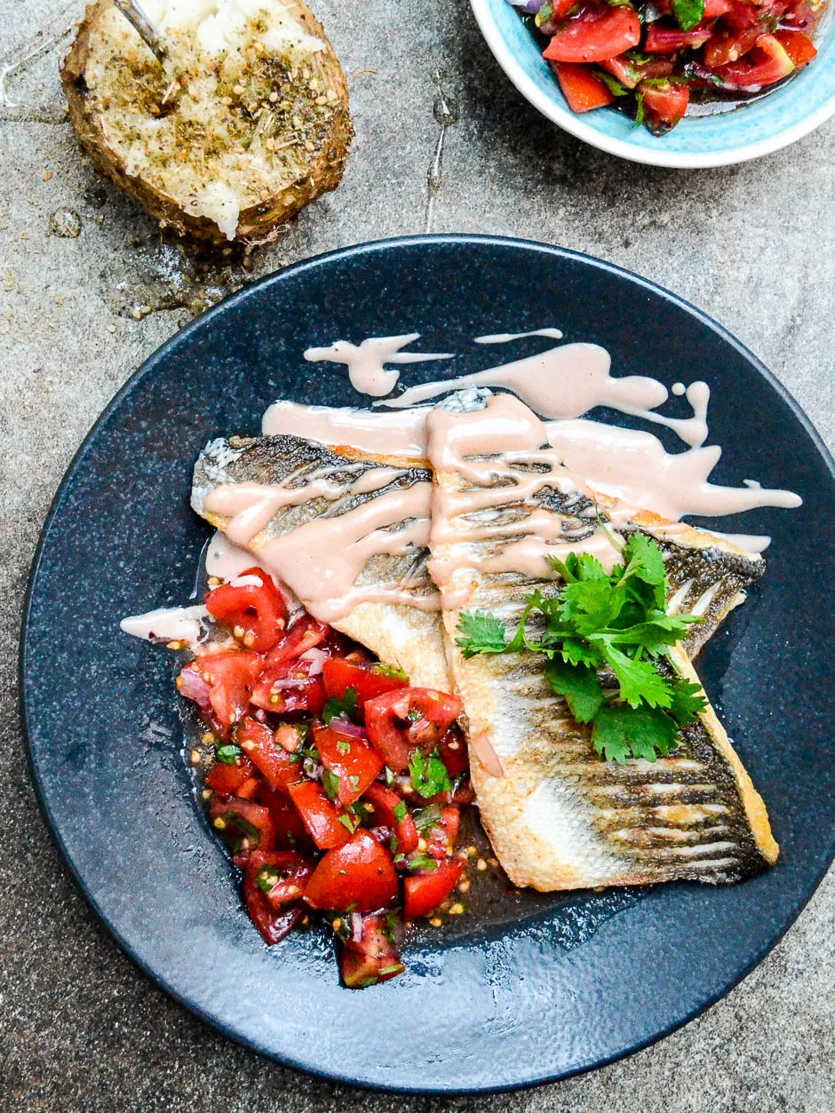 Pan Fried Sea Bass with Yoghurt Tahini