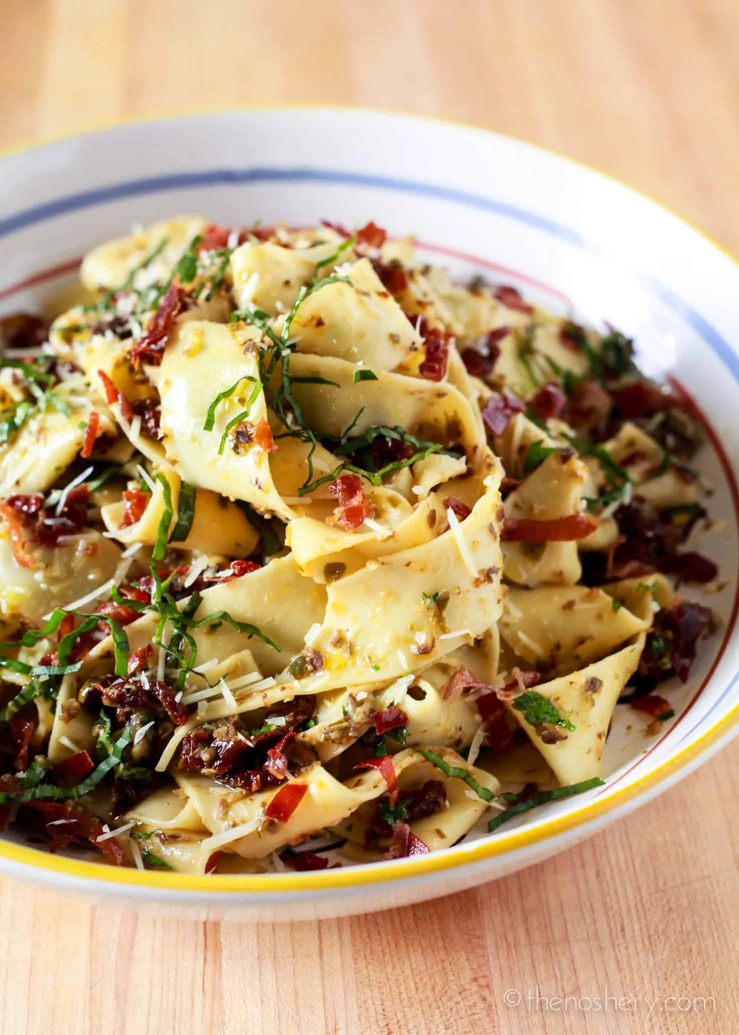 Pappardelle with Black Olive Tapenade, Sundried Tomatoes, Crispy Prosciutto