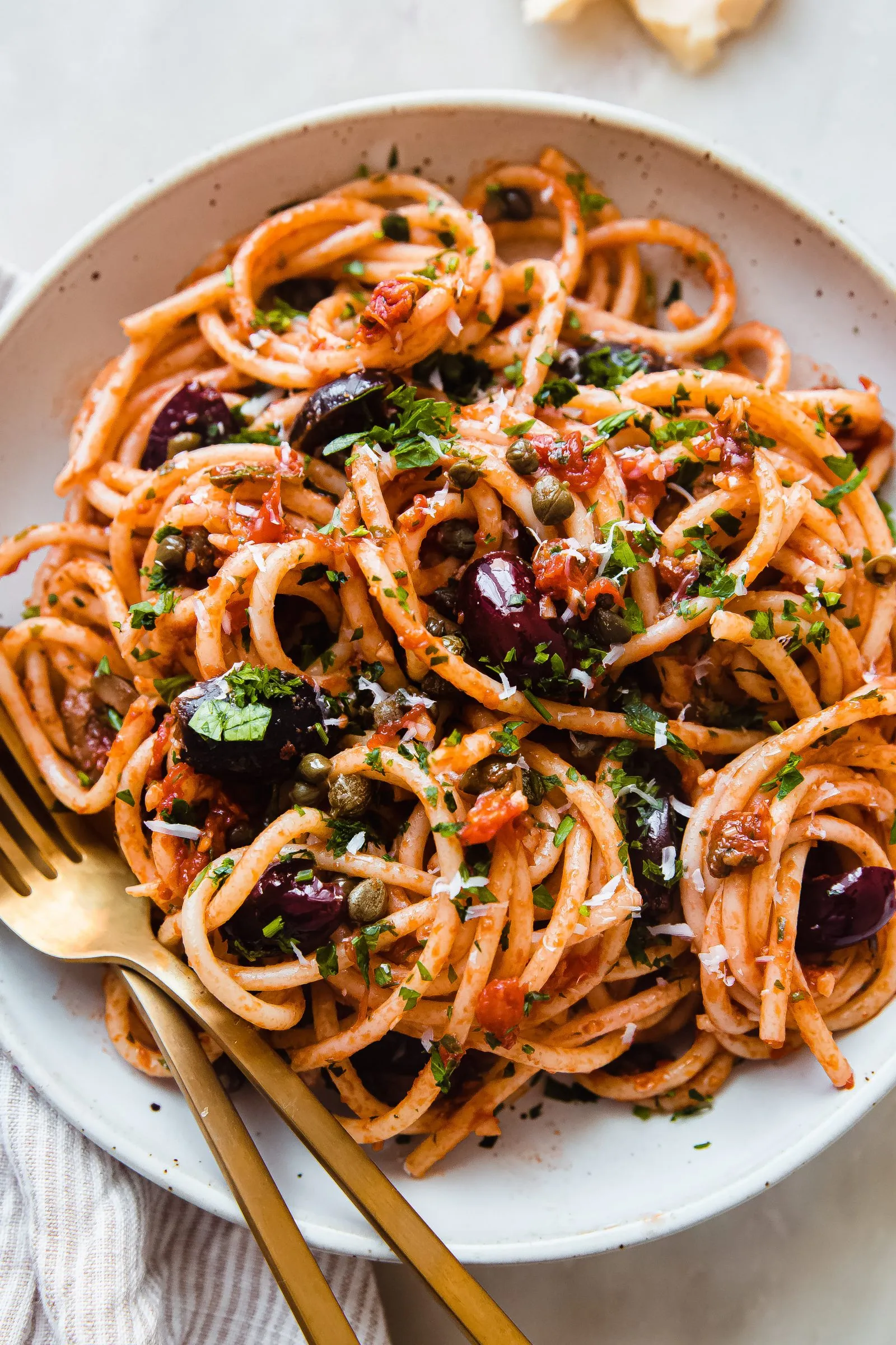 Pasta Puttanesca with Baby Spinach