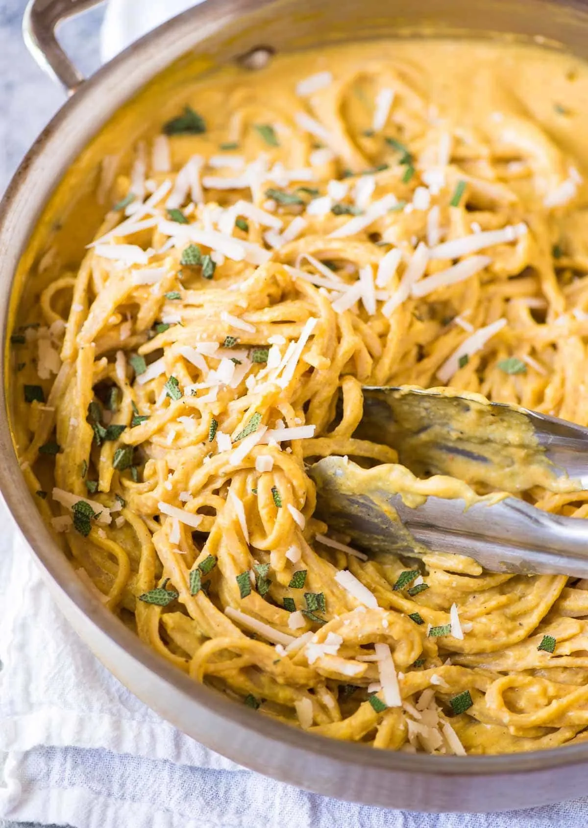 Pasta with Creamy Pumpkin Sage Sauce, Spinach, and Chicken
