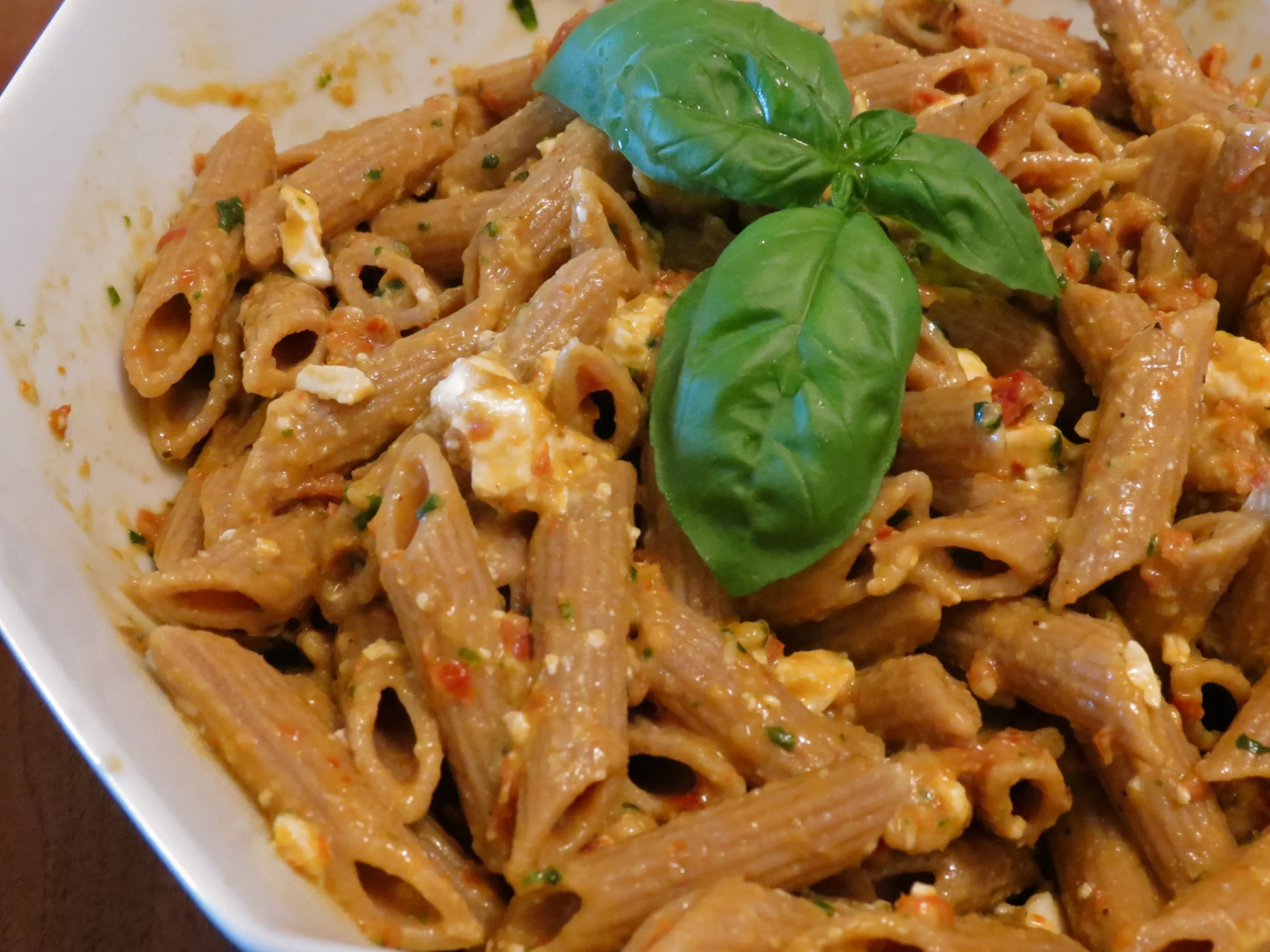 Pasta with Sun Dried Tomatoes, Basil, and Feta Cheese