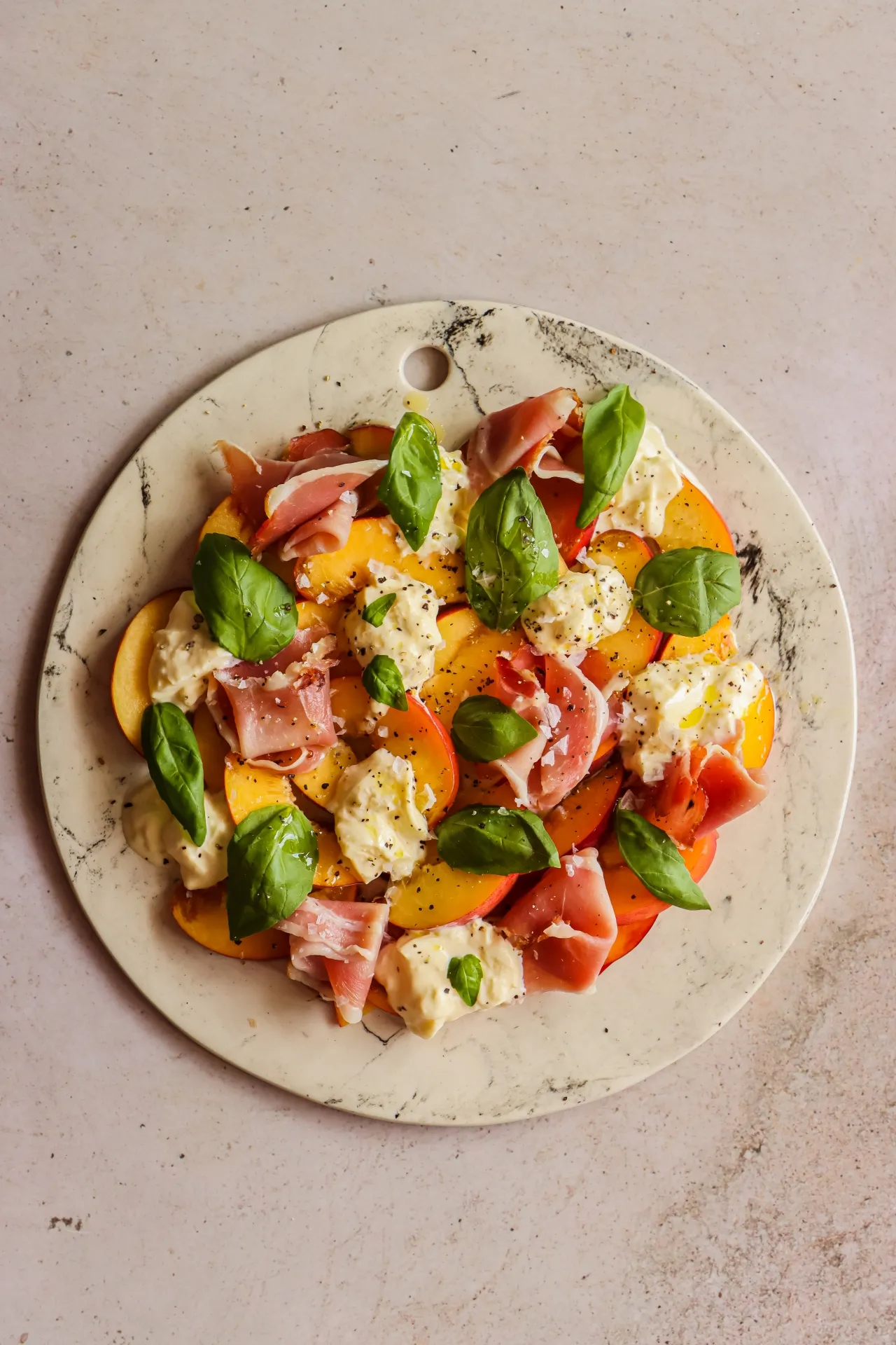 Peach Berry Burrata and Prosciutto Salad