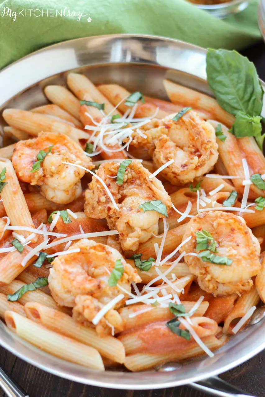 Penne with Creamy Tomato Vodka Sauce and Seared Shrimp