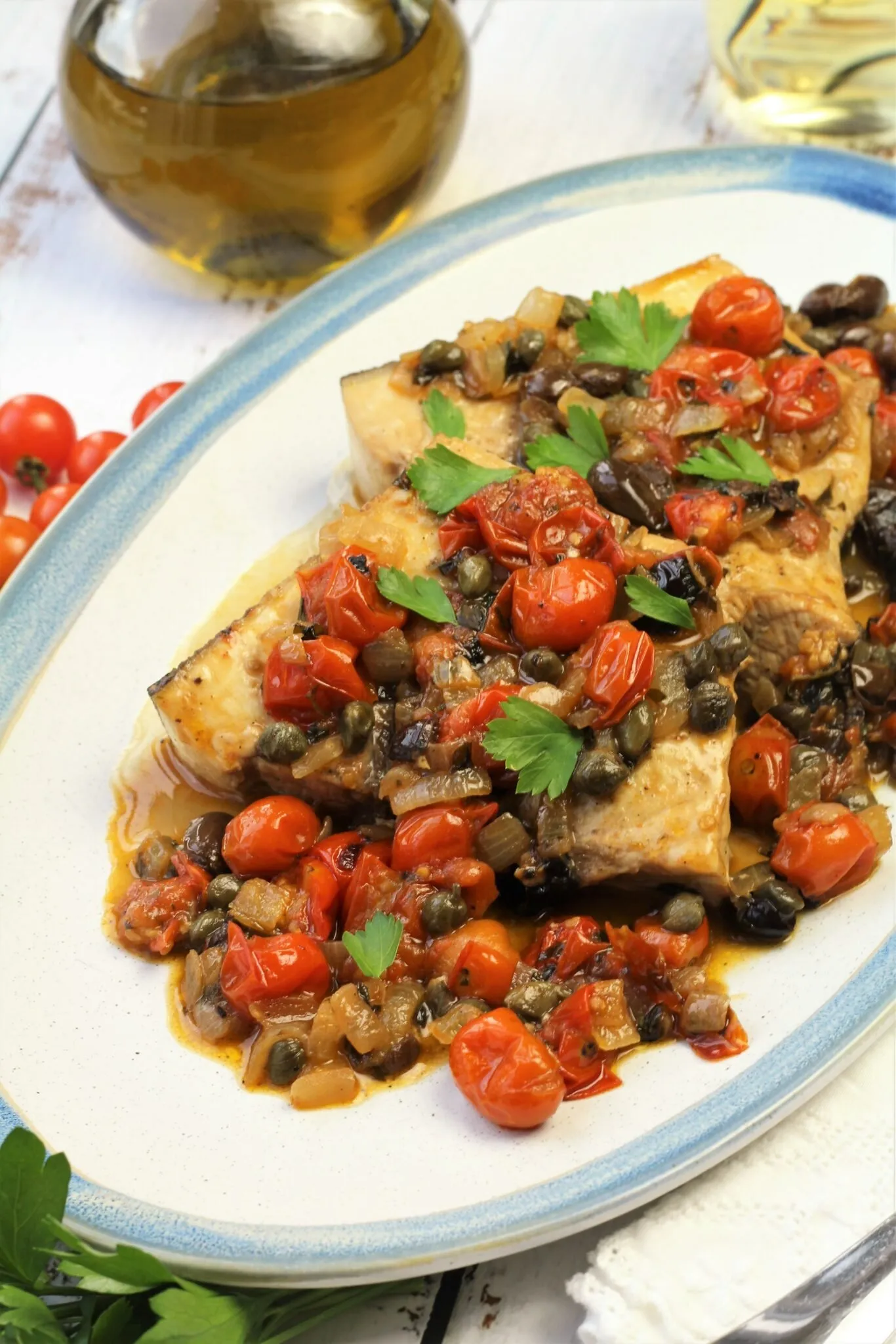 Penne with Swordfish, Tomatoes, Olives, and Capers
