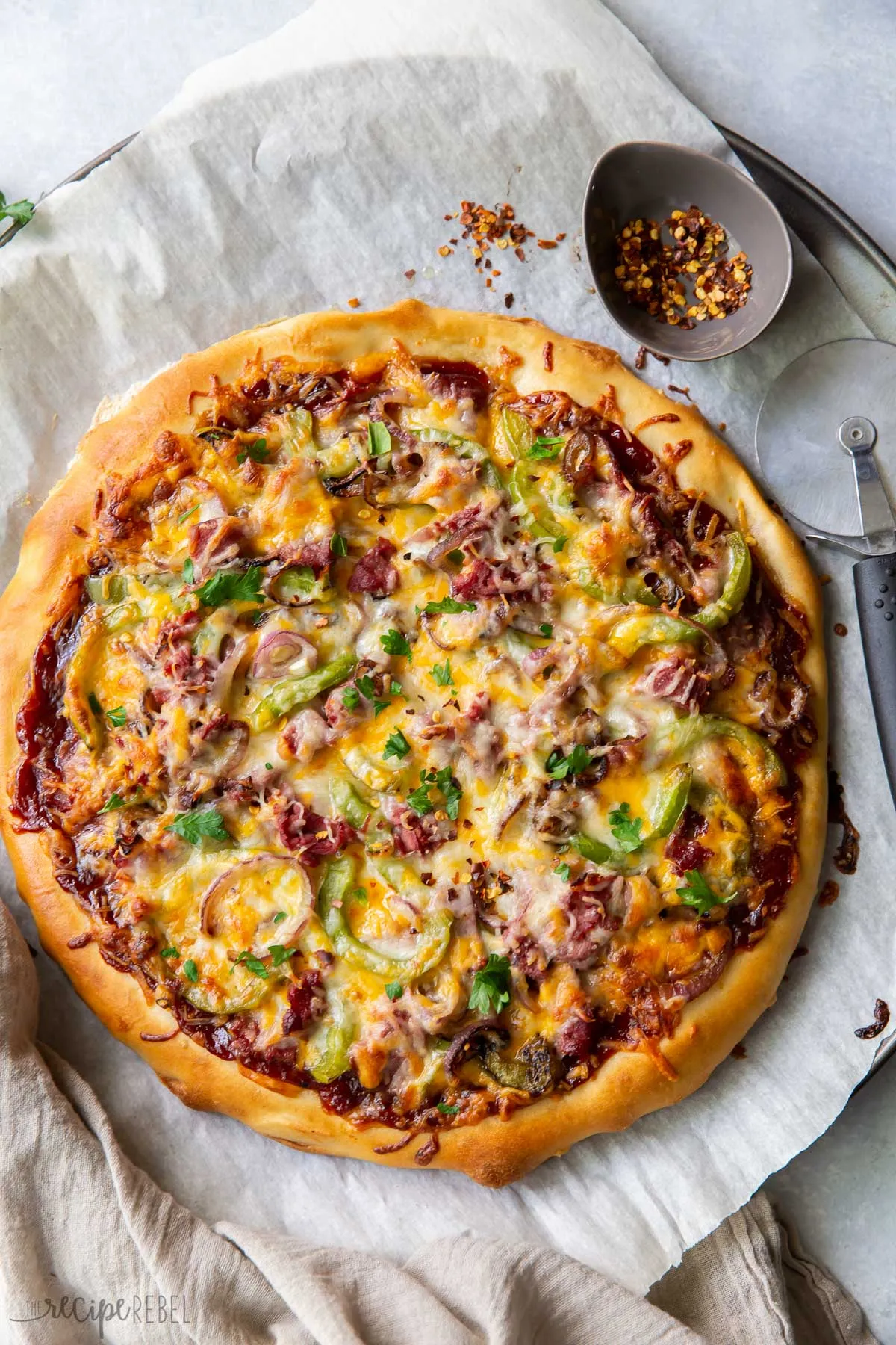 Philly Cheesesteak Pizza with Balsamic Fig Reduction