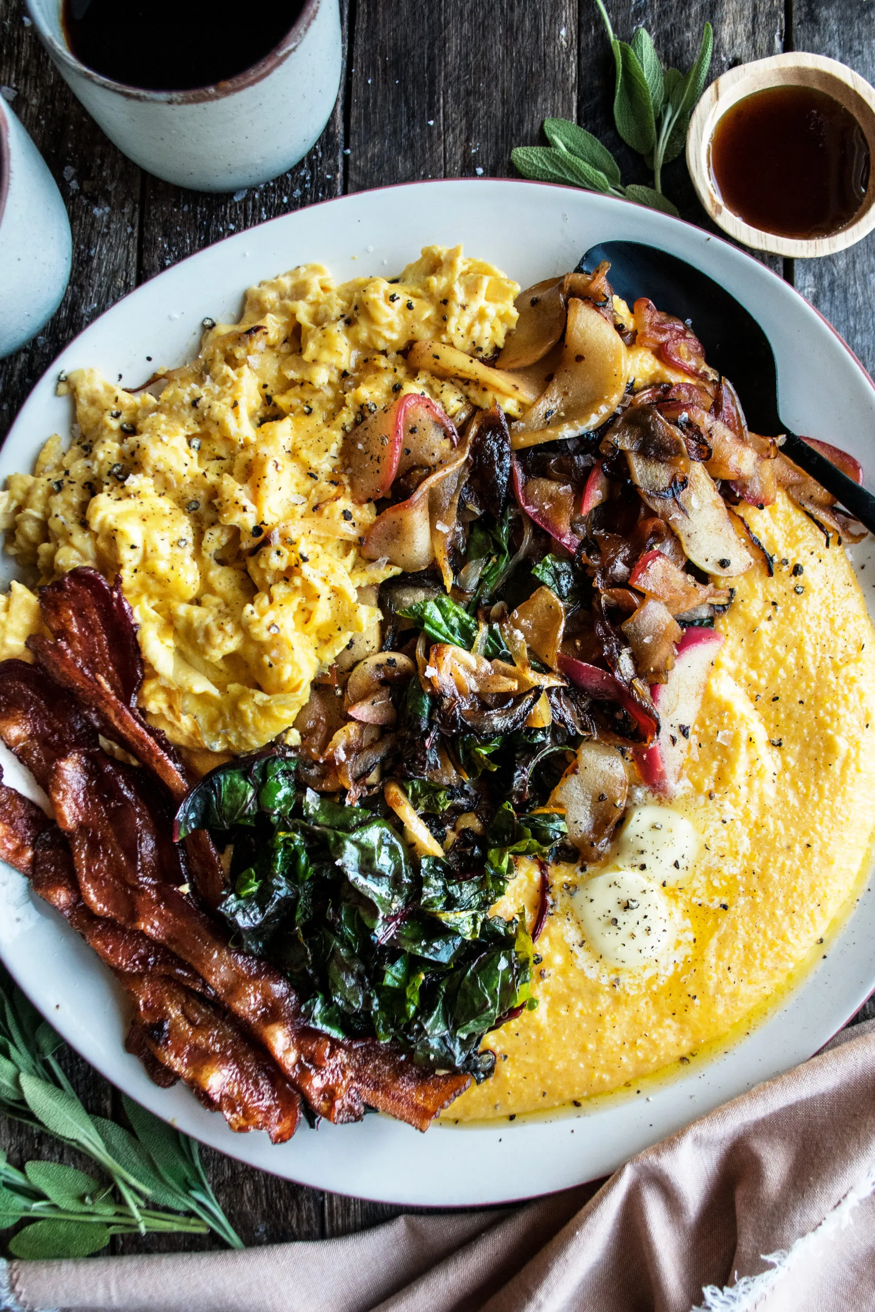 Polenta Breakfast Platter with Melted Apples Greens