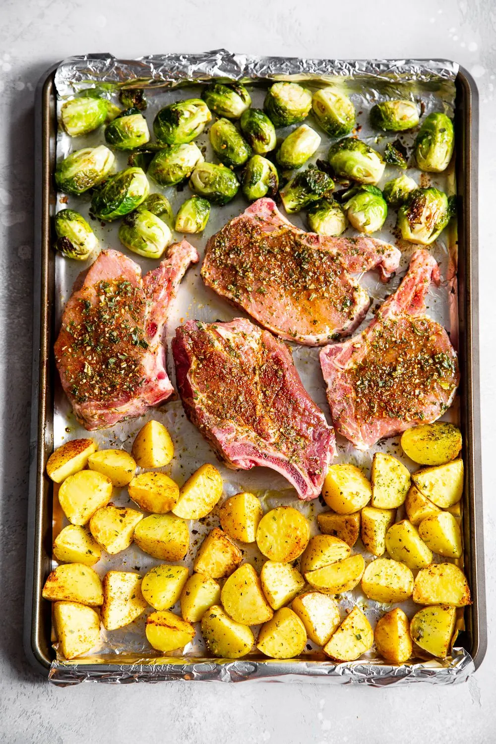 Pork Chops Sheet Pan Dinner with Apples and Brussels Sprouts