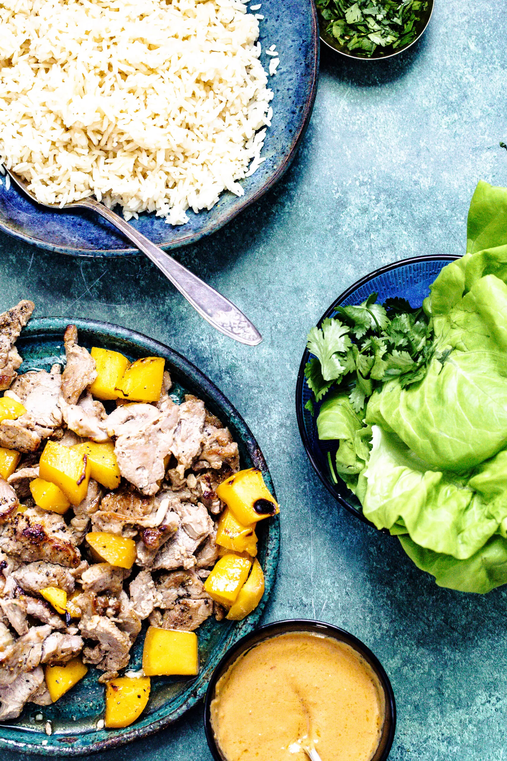 Pork and Mango Lettuce Wraps with Peanut Sauce