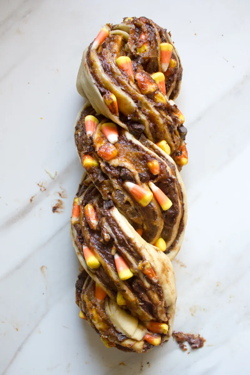 Pumpkin Chocolate Babka Candy Corn