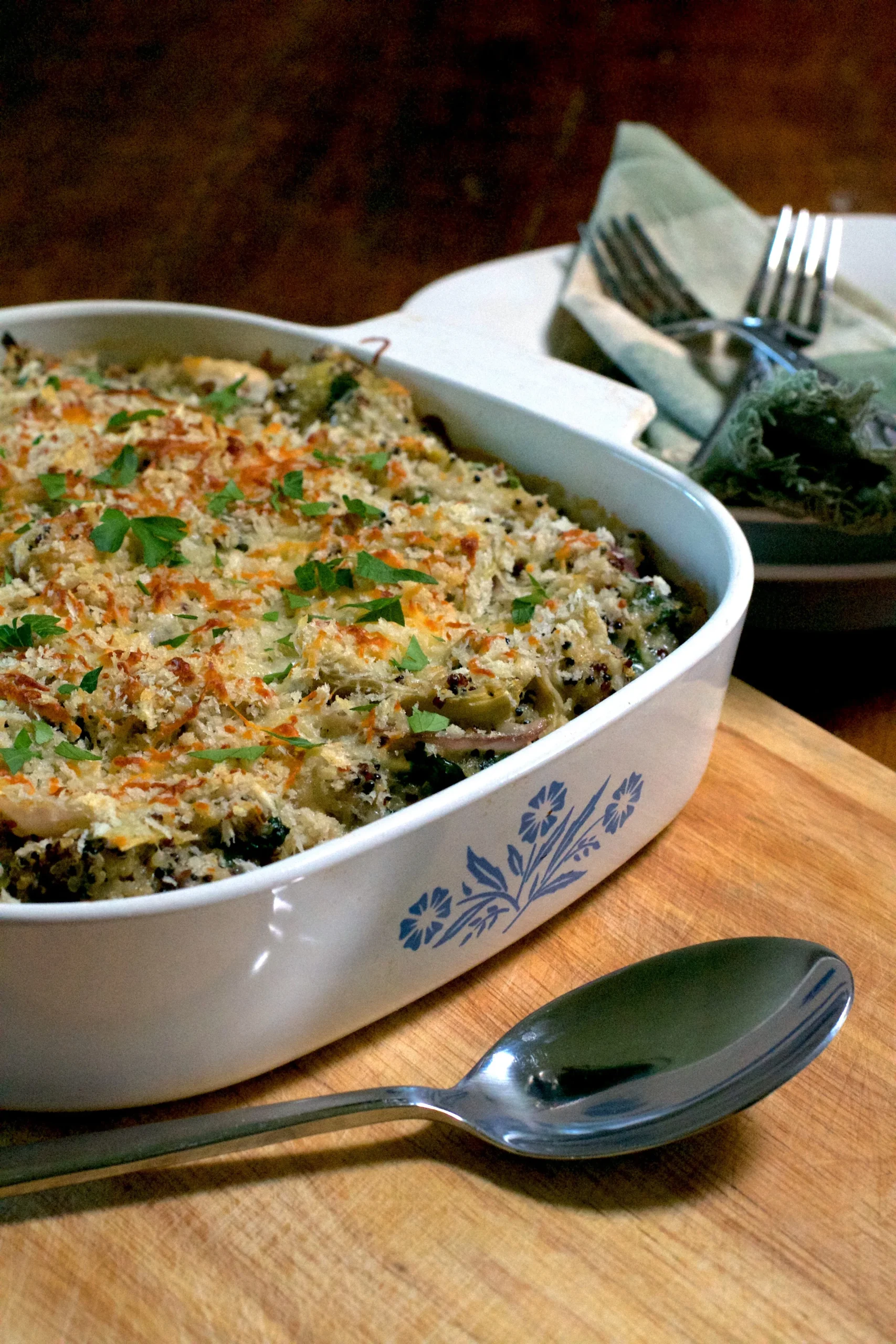 Quinoa Casserole with Cauliflower Alfredo Sauce, Spinach, and Artichokes