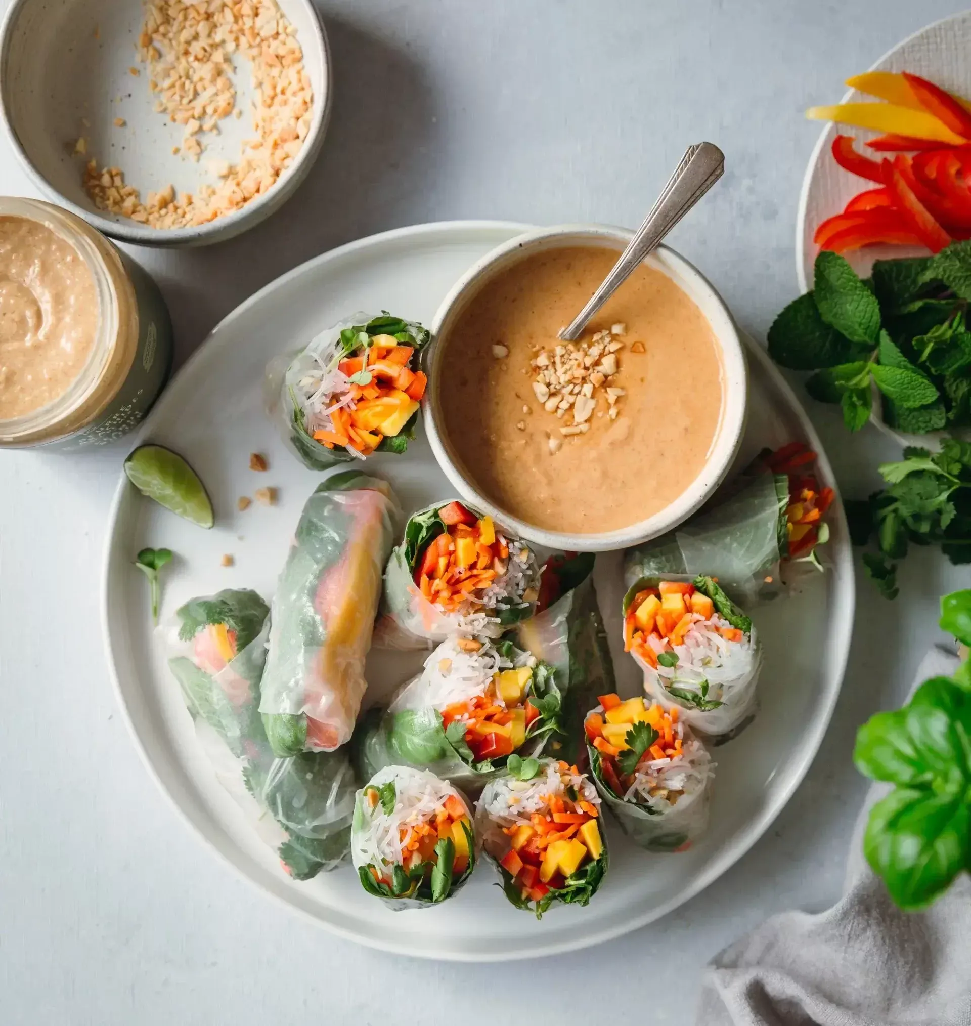 Red Cabbage Jicama Spring Rolls with Peanut Sauce