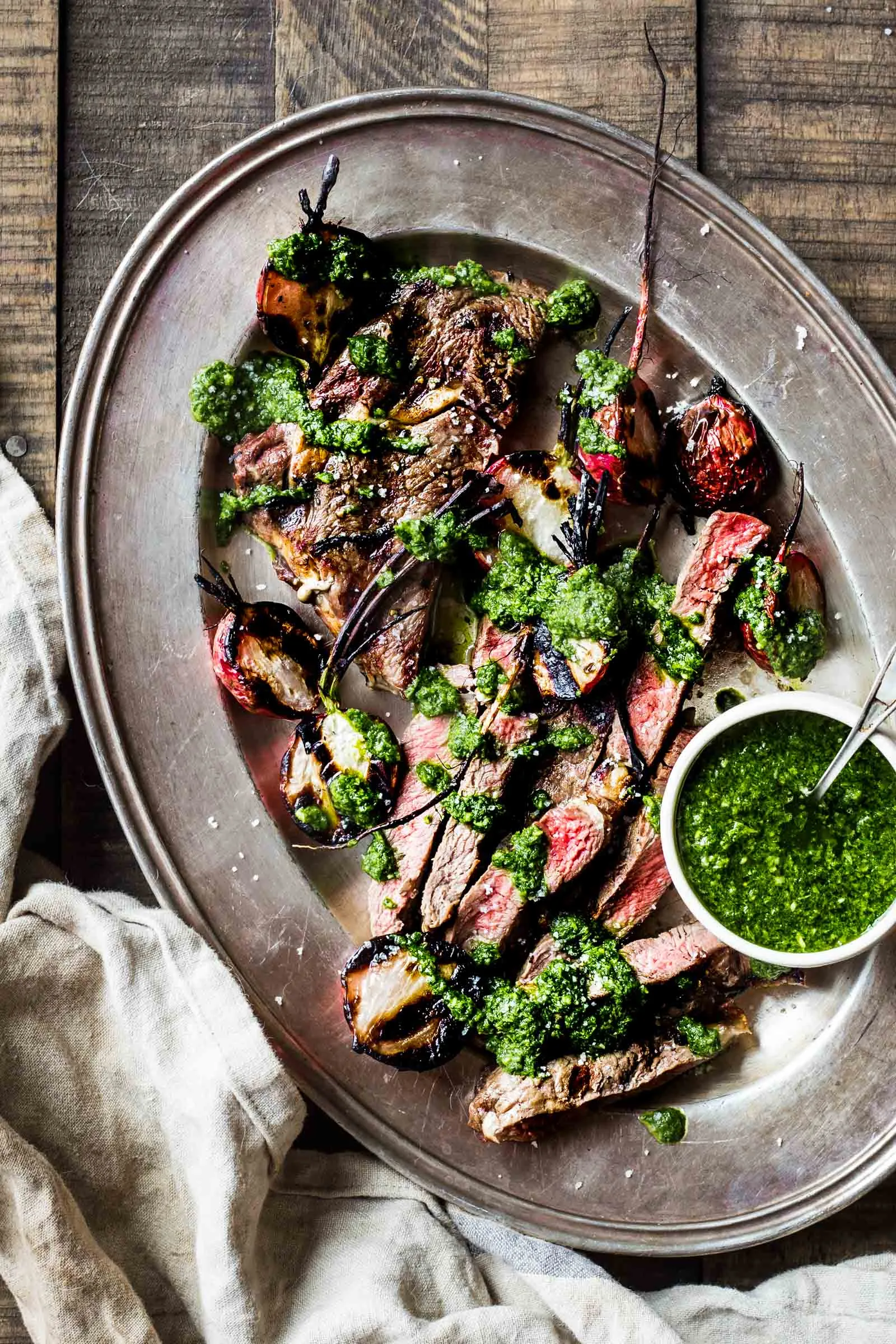 Rib Eye Steaks Radish Greens Chimichurri Sauce