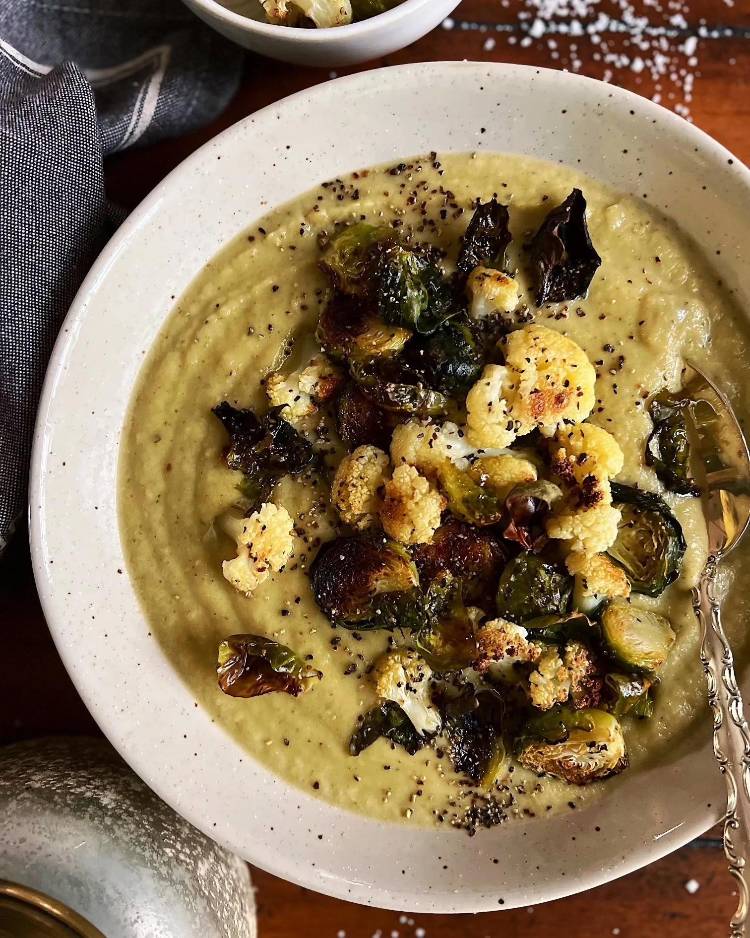 Roasted Brussels Sprouts and Cauliflower Soup