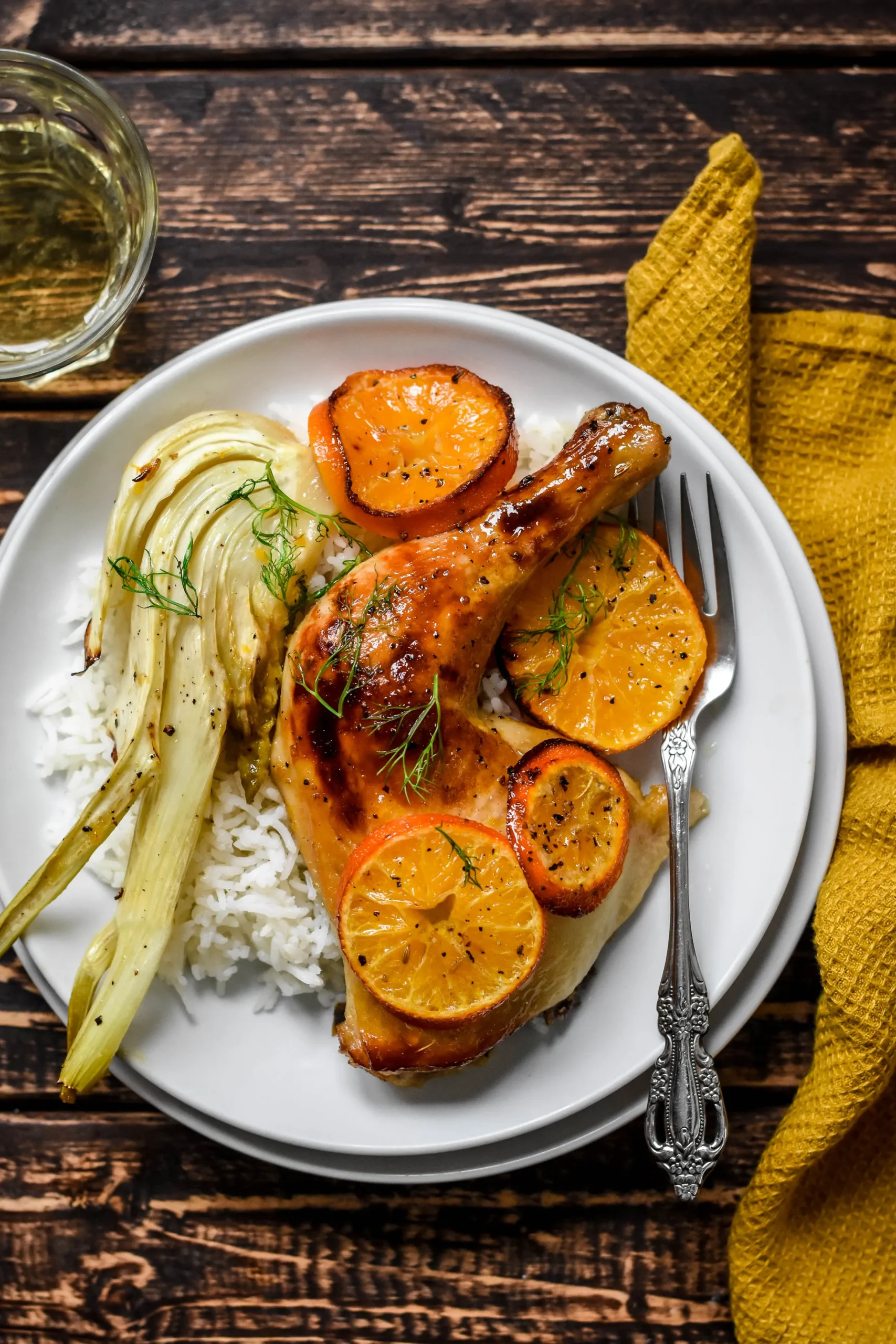 Roasted Chicken with Clementines, Onion, Fennel, and Vermouth