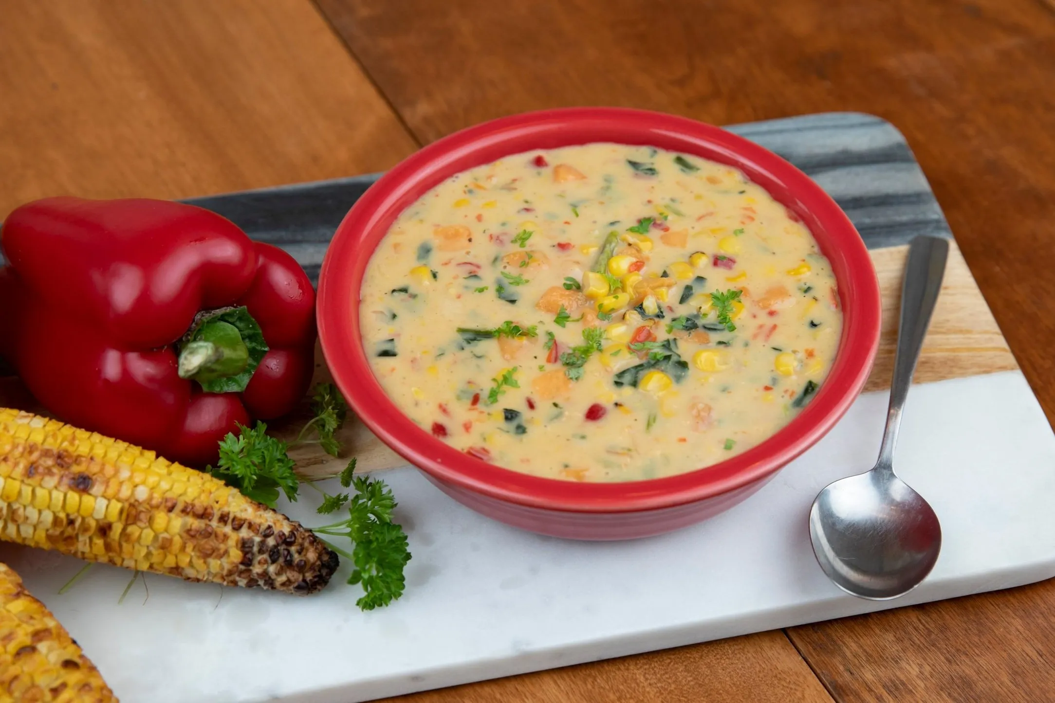 Roasted Corn and Red Pepper Soup with Crispy Pancetta