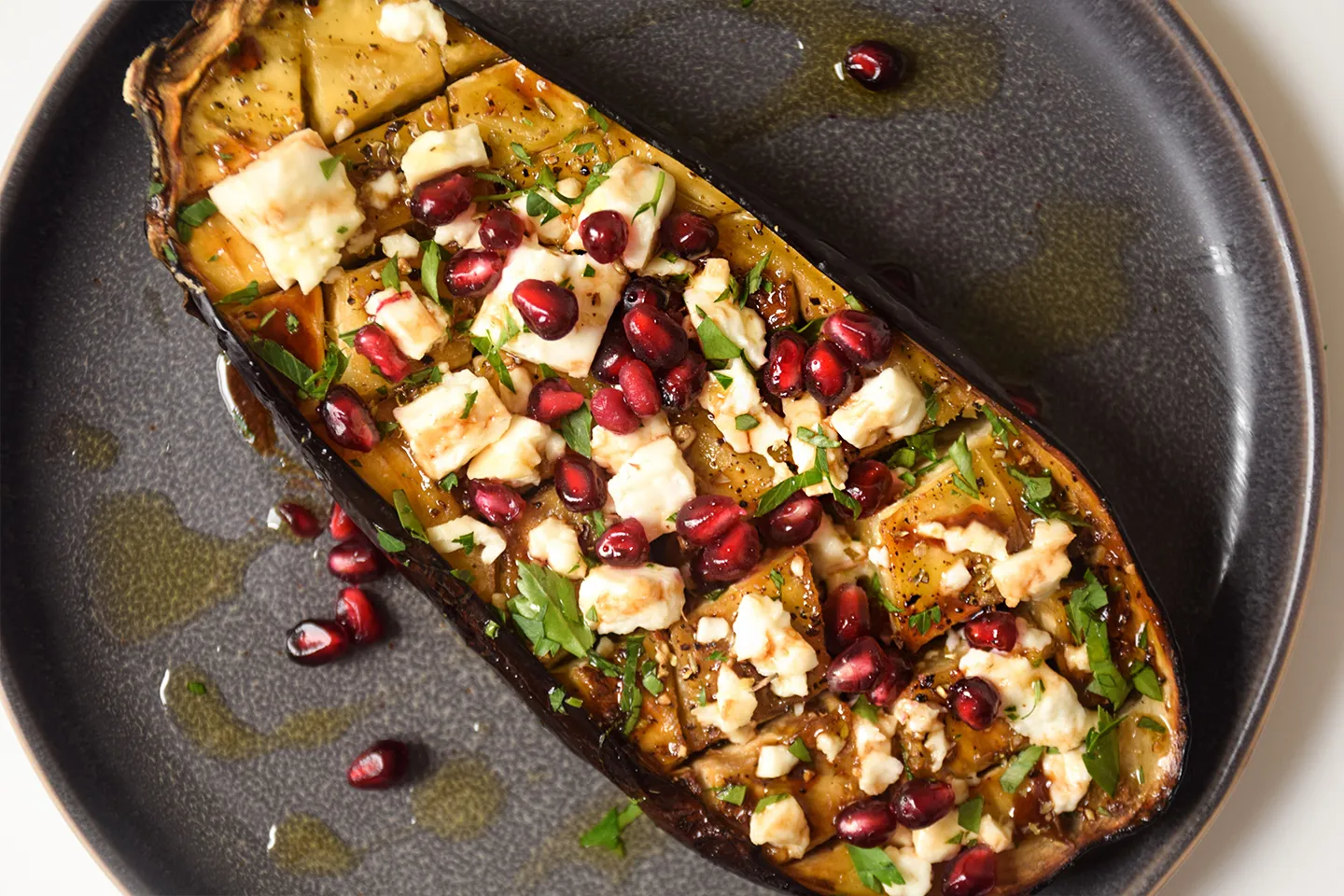 Roasted Eggplant with Pomegranate Molasses, Feta, and Mint