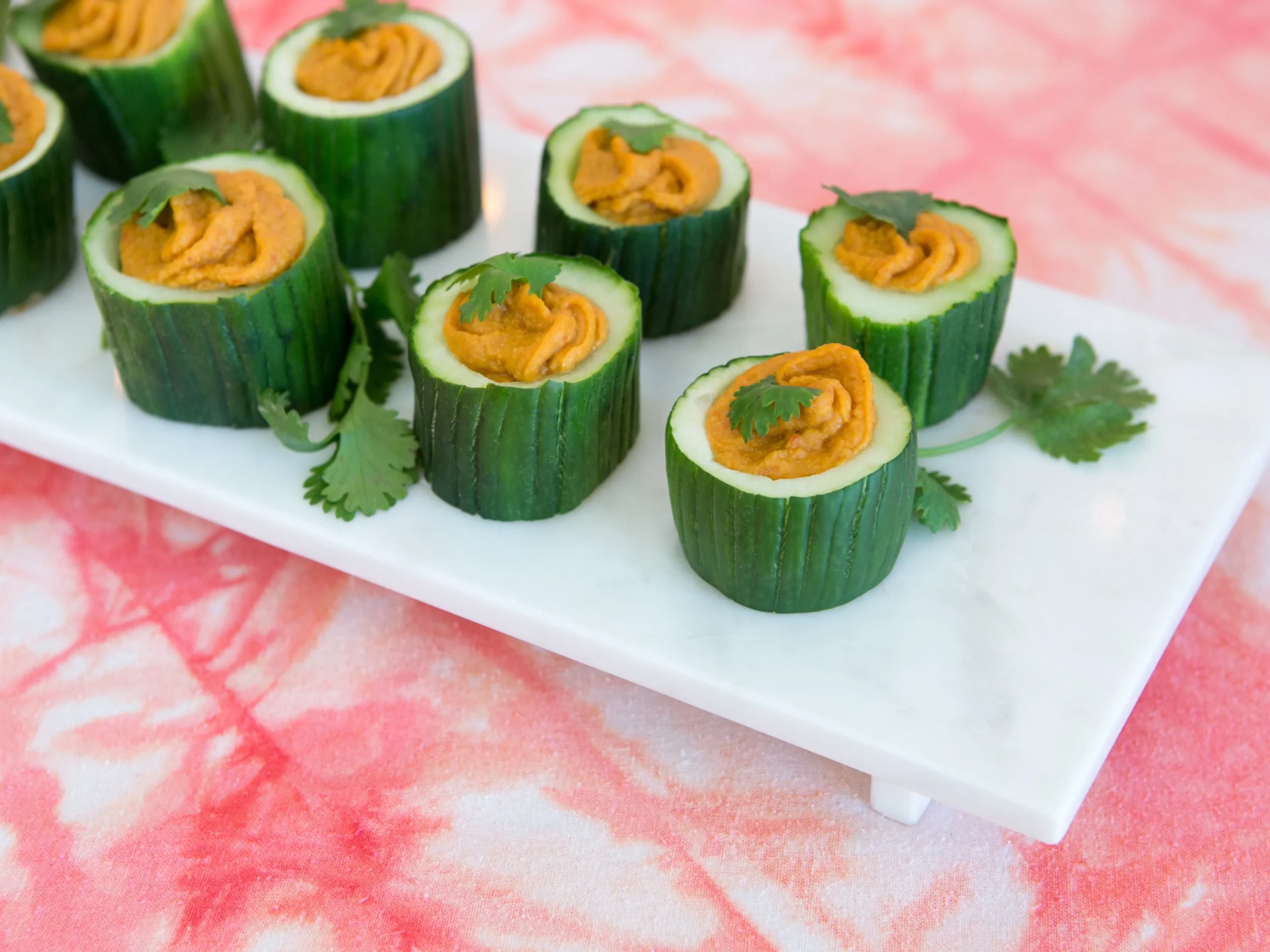 Roasted Red Pepper Hummus in Cucumber Cups