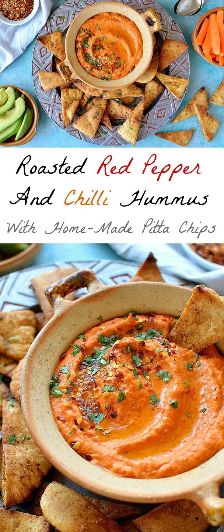 Roasted Red Pepper and Chilli Hummus with Homemade Pitta Chips