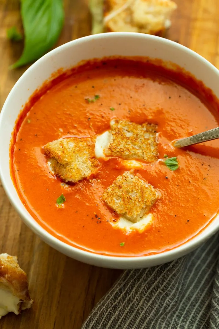 Roasted Tomato Basil Soup with Ricotta Grilled Cheese