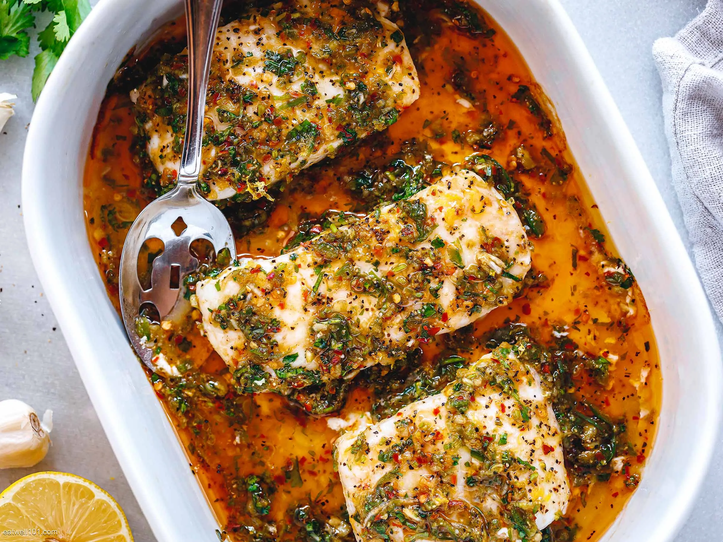 Rose Pepper Cured Cod Fillet with Dill and Anchovy Sauce
