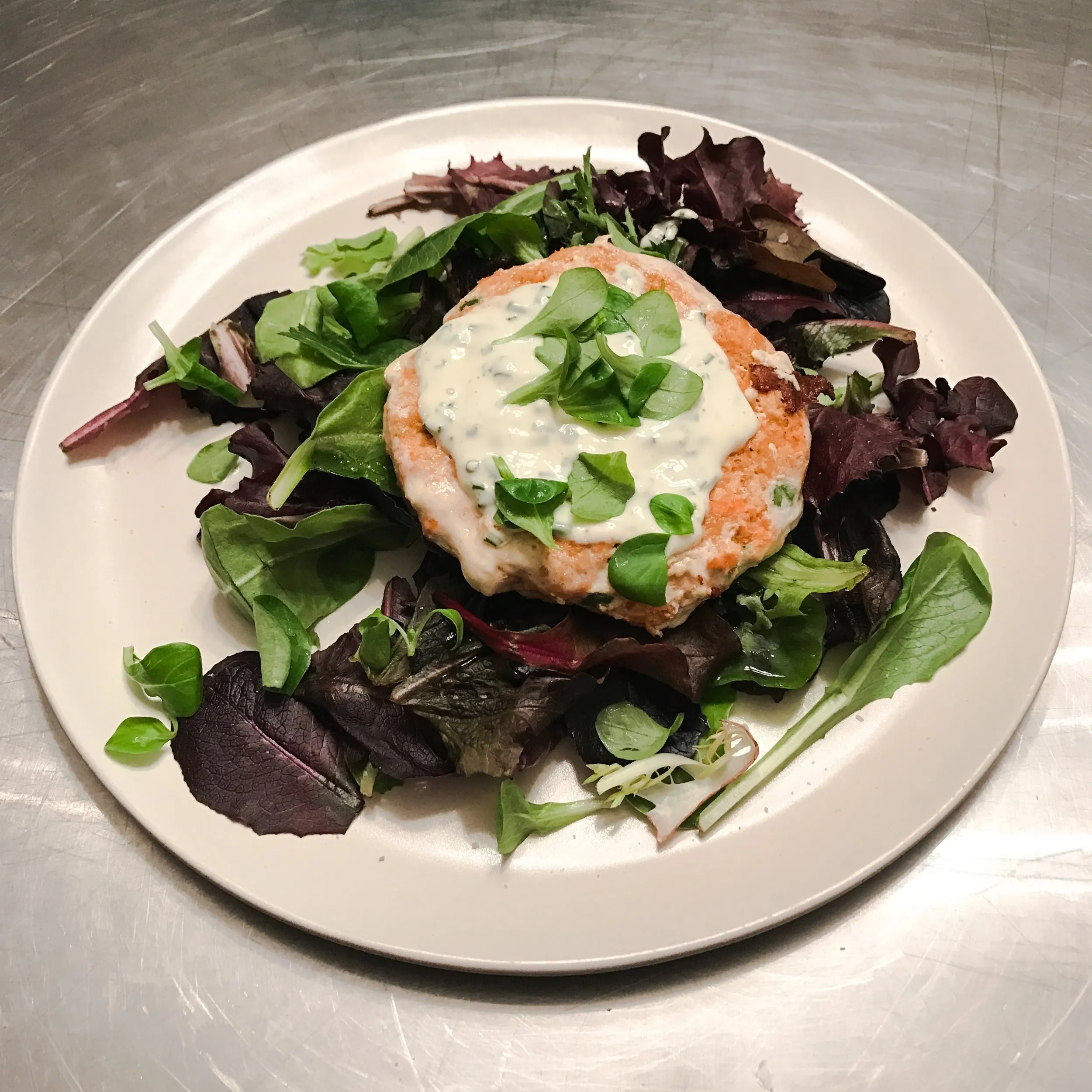 Salmon Burgers with Chive Aioli and Watercress