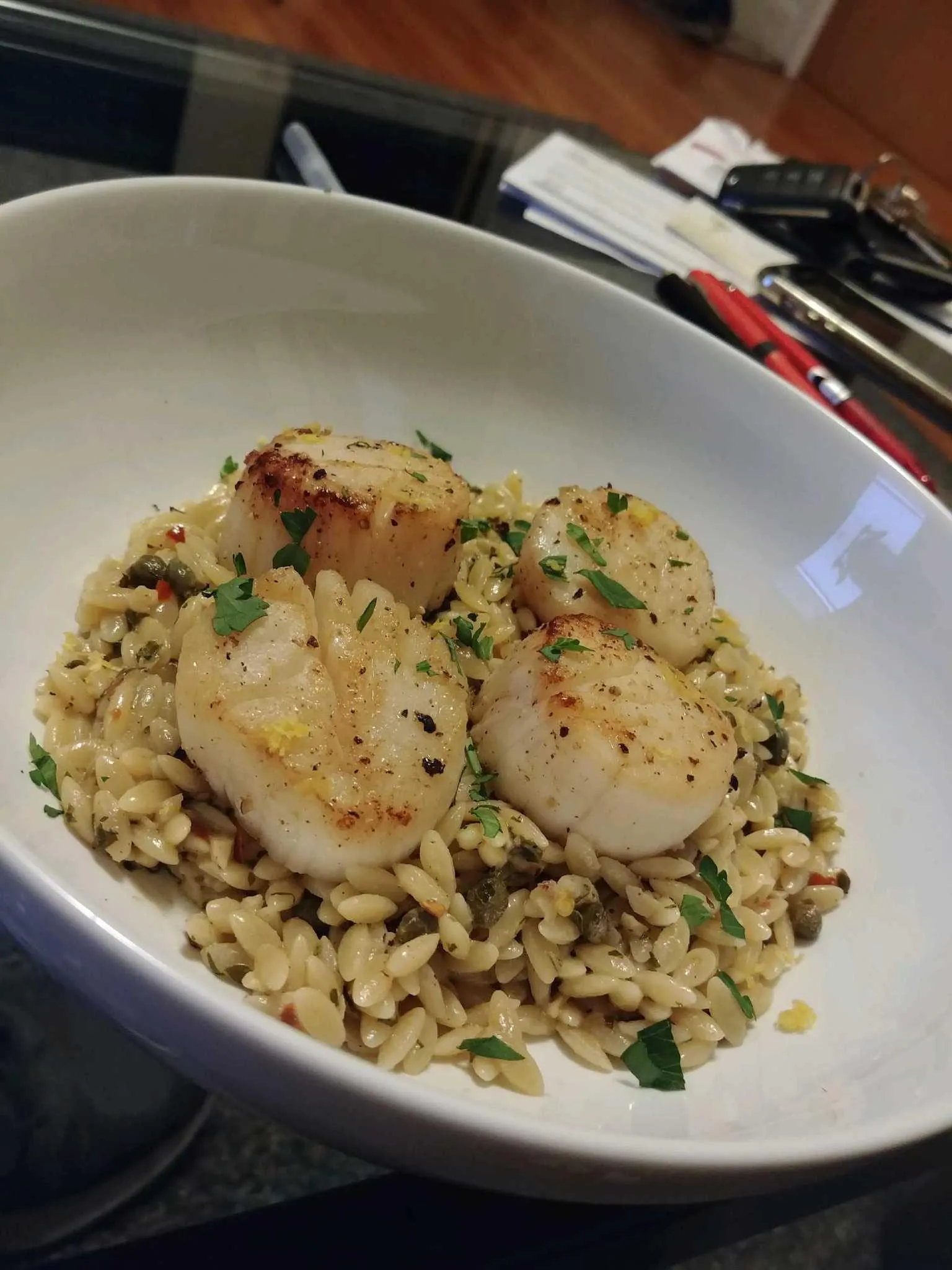 Seared Scallops in a Creamy Lemon Caper Sauce with Orzo