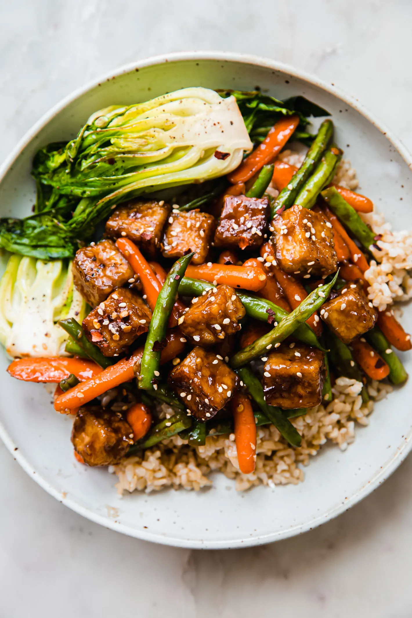 Sesame Ginger Tofu Stir Fry Over Cauliflower Rice