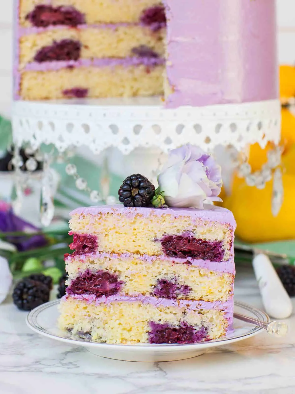 Seven Layer Lemon Cake with Blackberry Buttercream Filling