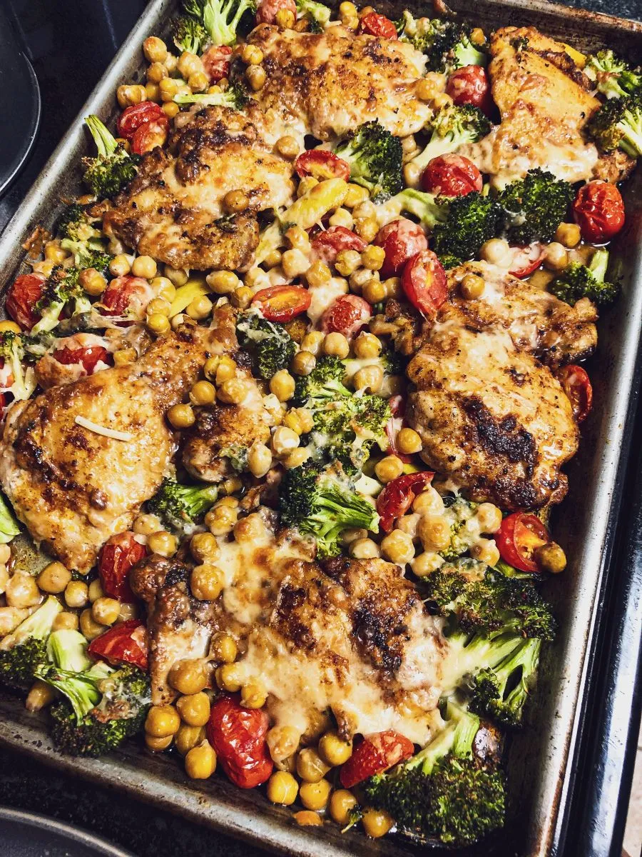 Sheet Pan Chicken with Broccoli, Chickpeas, and Parmesan