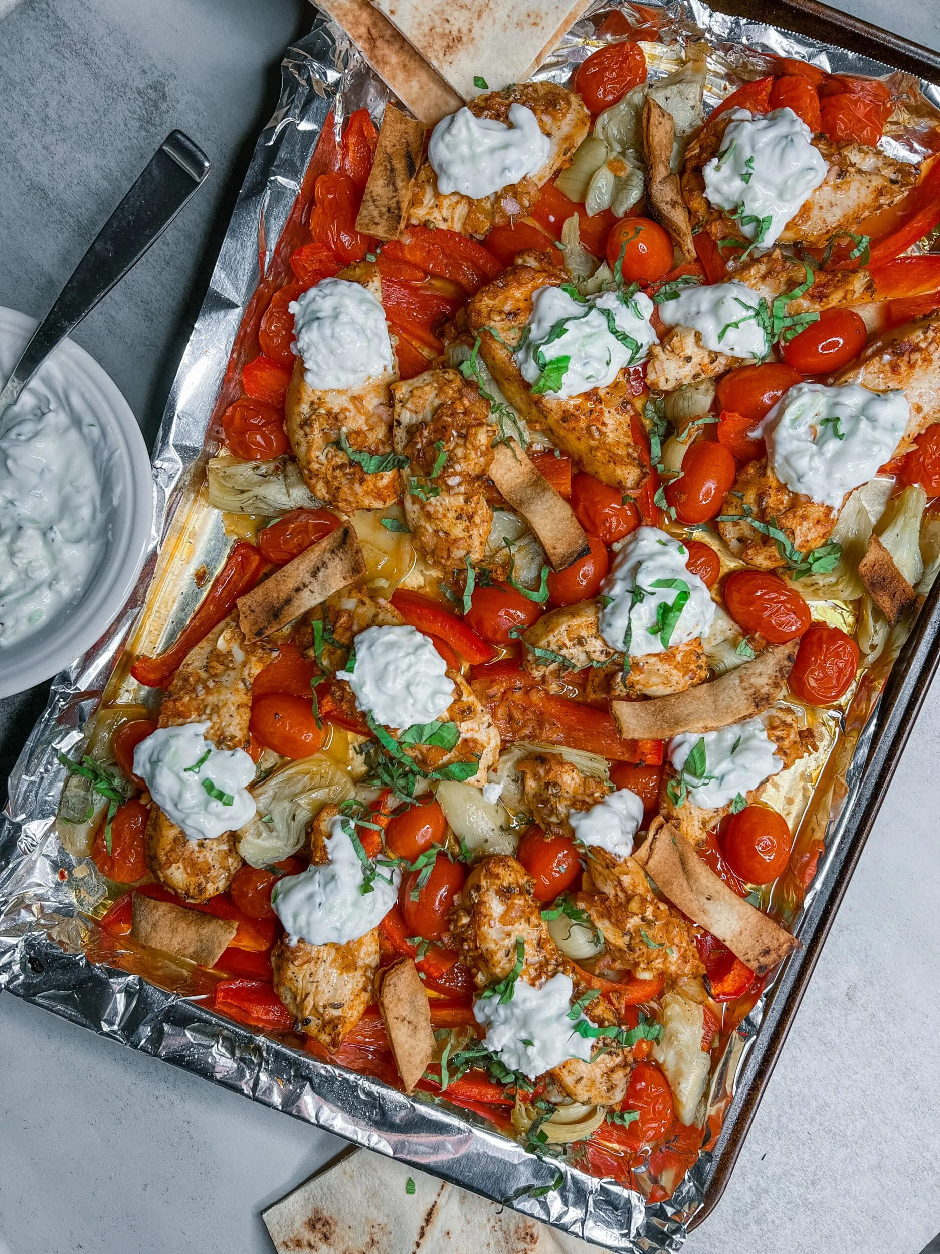 Sheet Pan Greek Chicken Veggies Pita Pockets