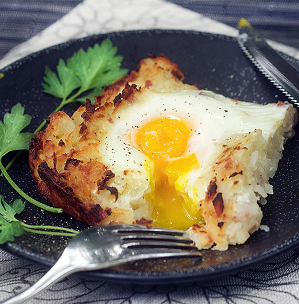 Shredded Potato Casserole with Ham and Eggs