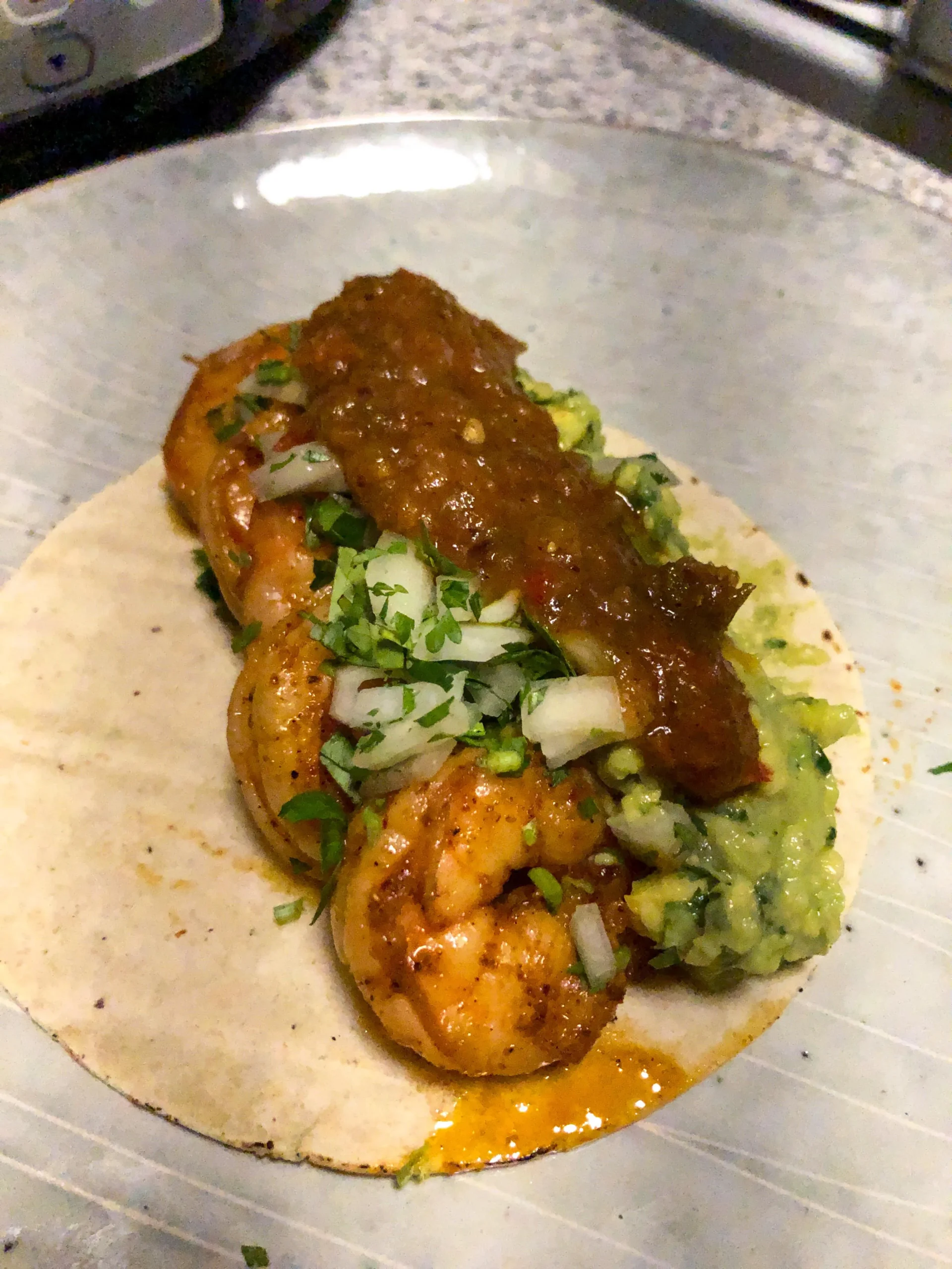 Shrimp Tacos with Guacamole Cream and Olive Salsa