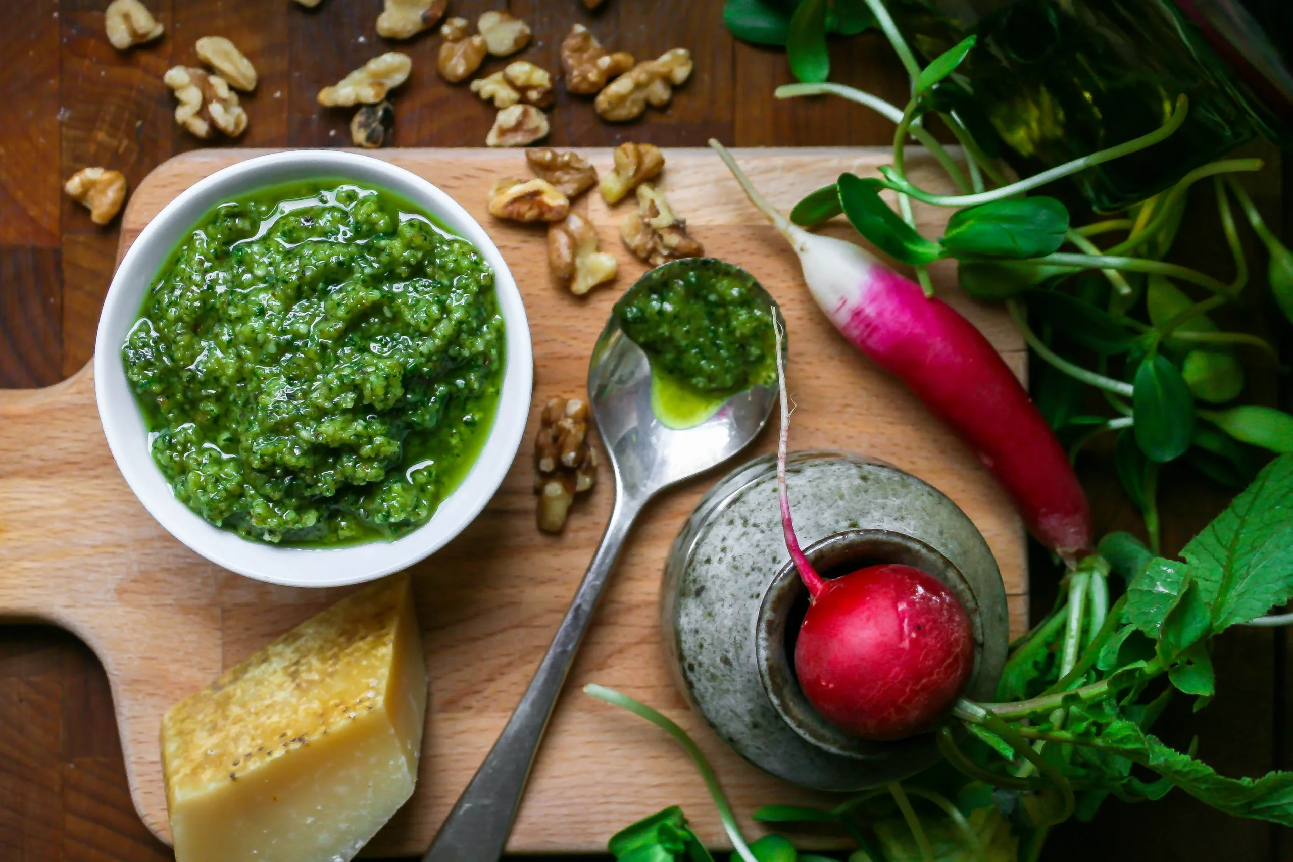 Small Batch Radish Top Basil Pesto