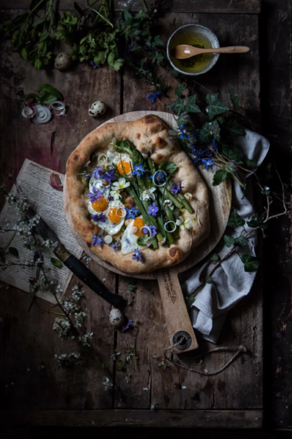 Springtime Pizza with Chipotle Romesco Eggs Shaved Asparagus Salad