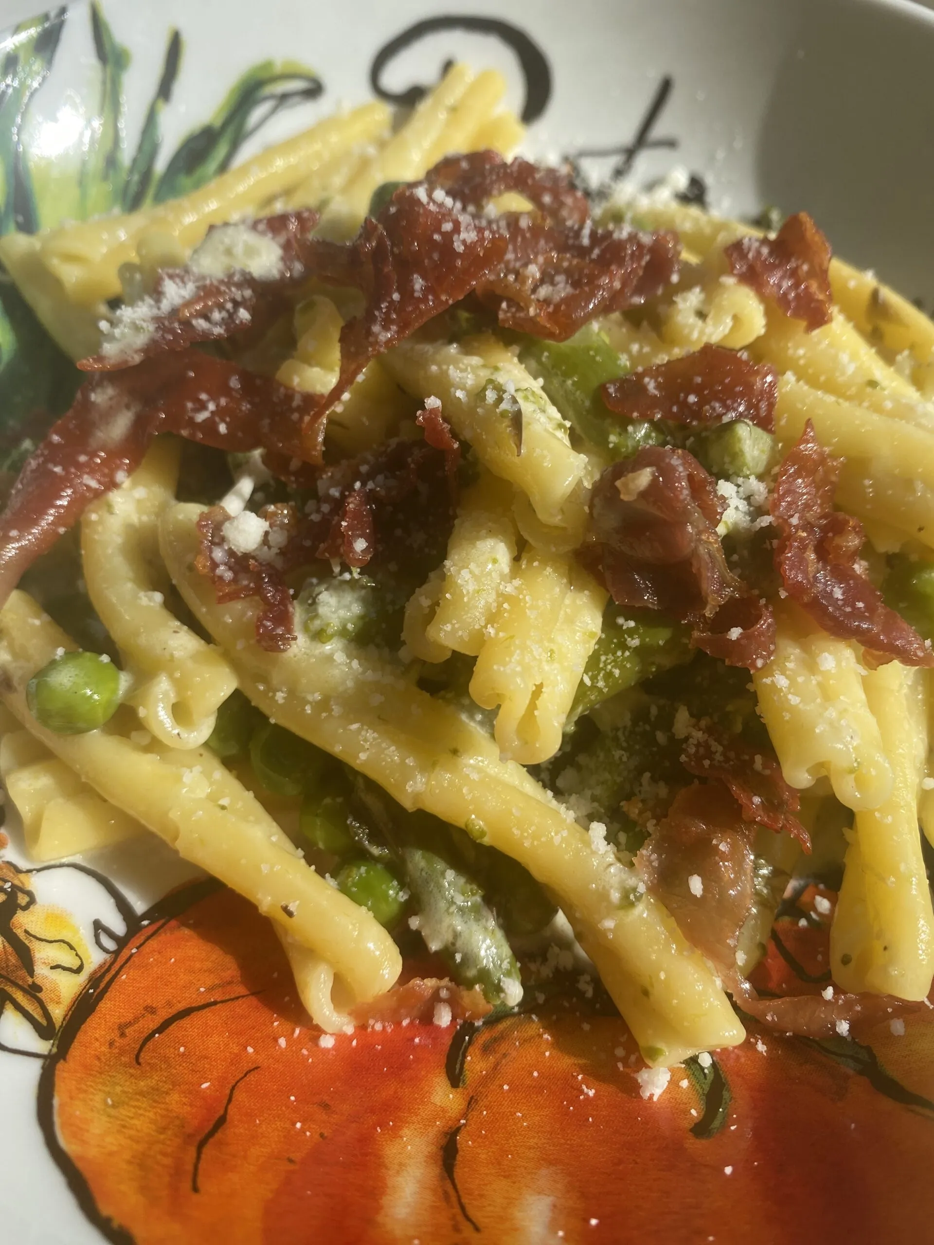 Strozzapreti with Soy Beans, Peas, and Prosciutto
