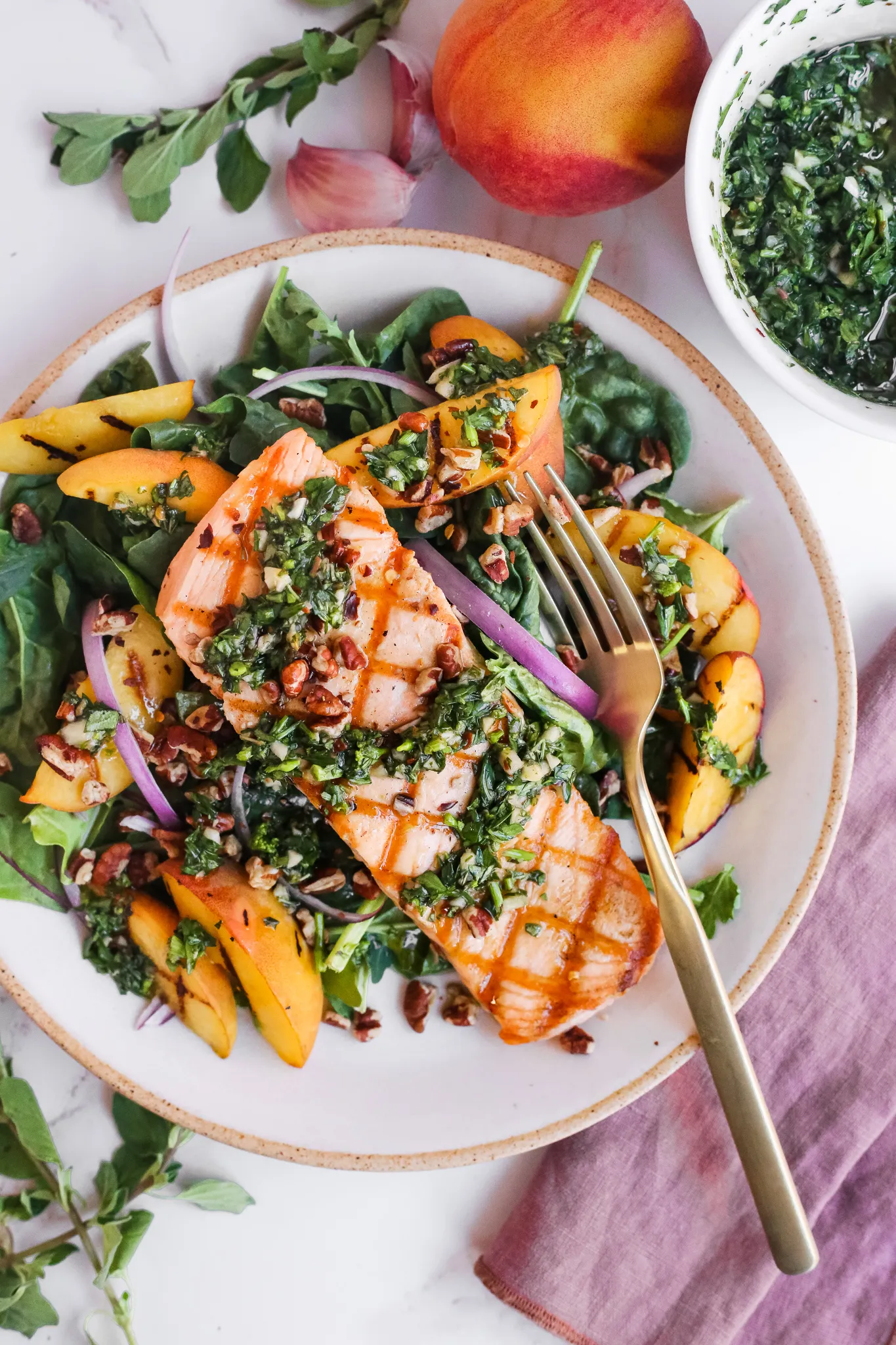 Summer Salmon Salad with Grilled Peaches and Chimichurri