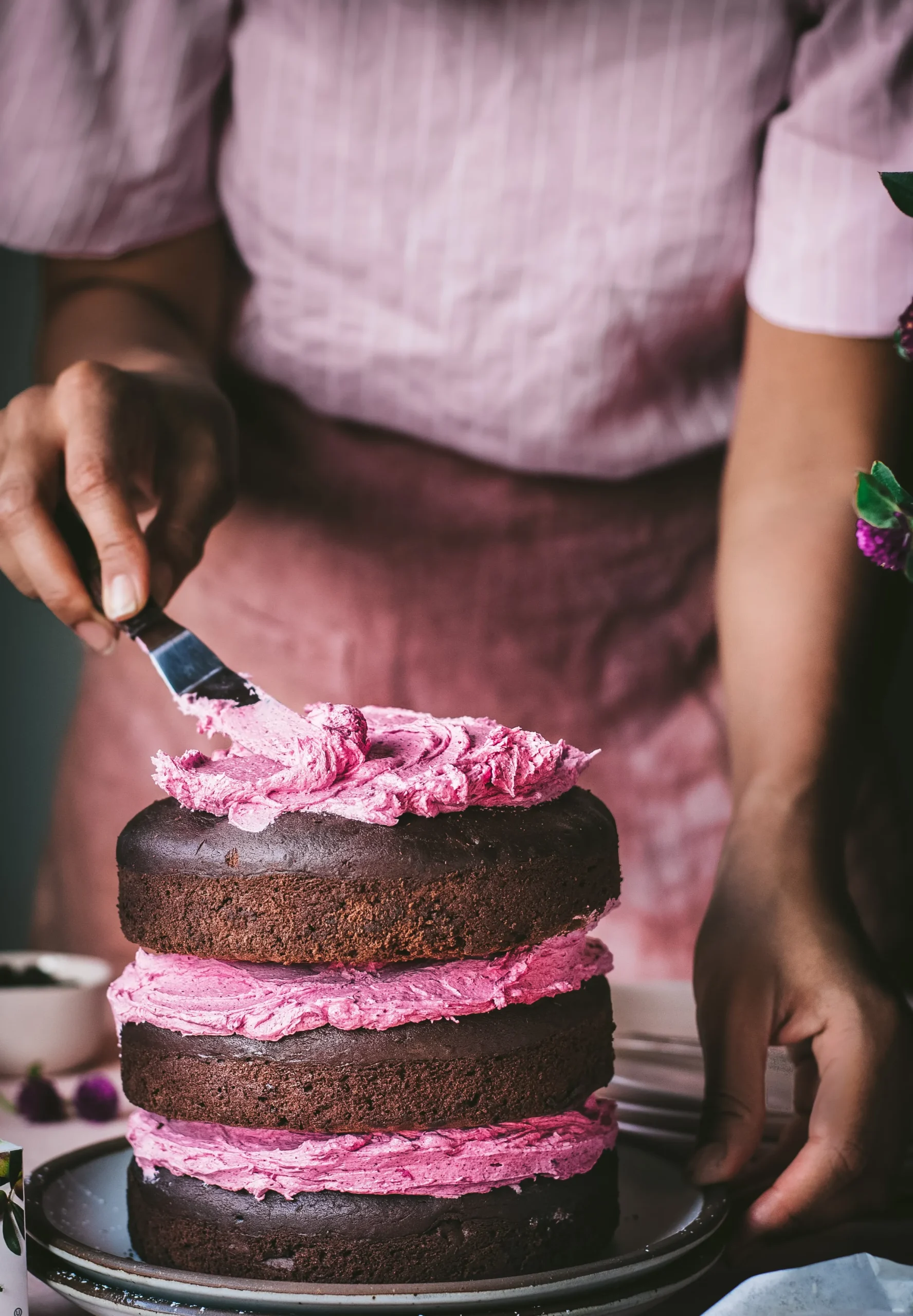 Vegan Chocolate Layer Cake with Hibiscus Frosting