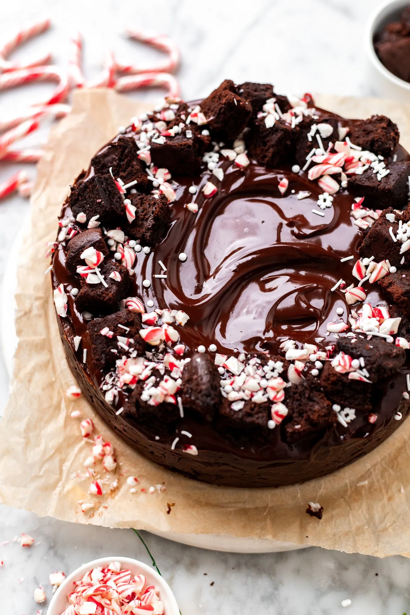 Vegan Chocolate Peppermint Brownie Cheesecake