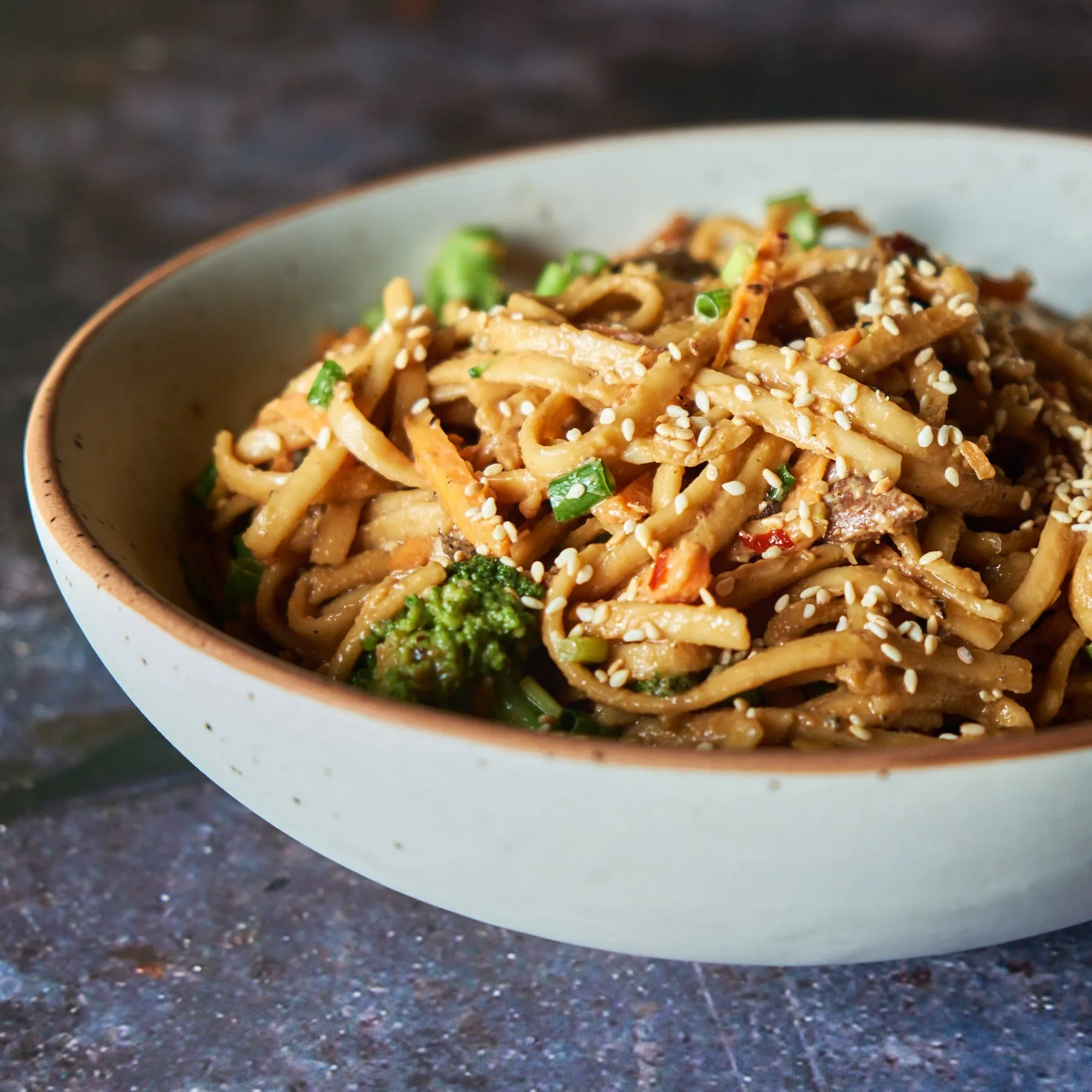 Vegetarian Udon Noodles with Spicy Peanut Sauce