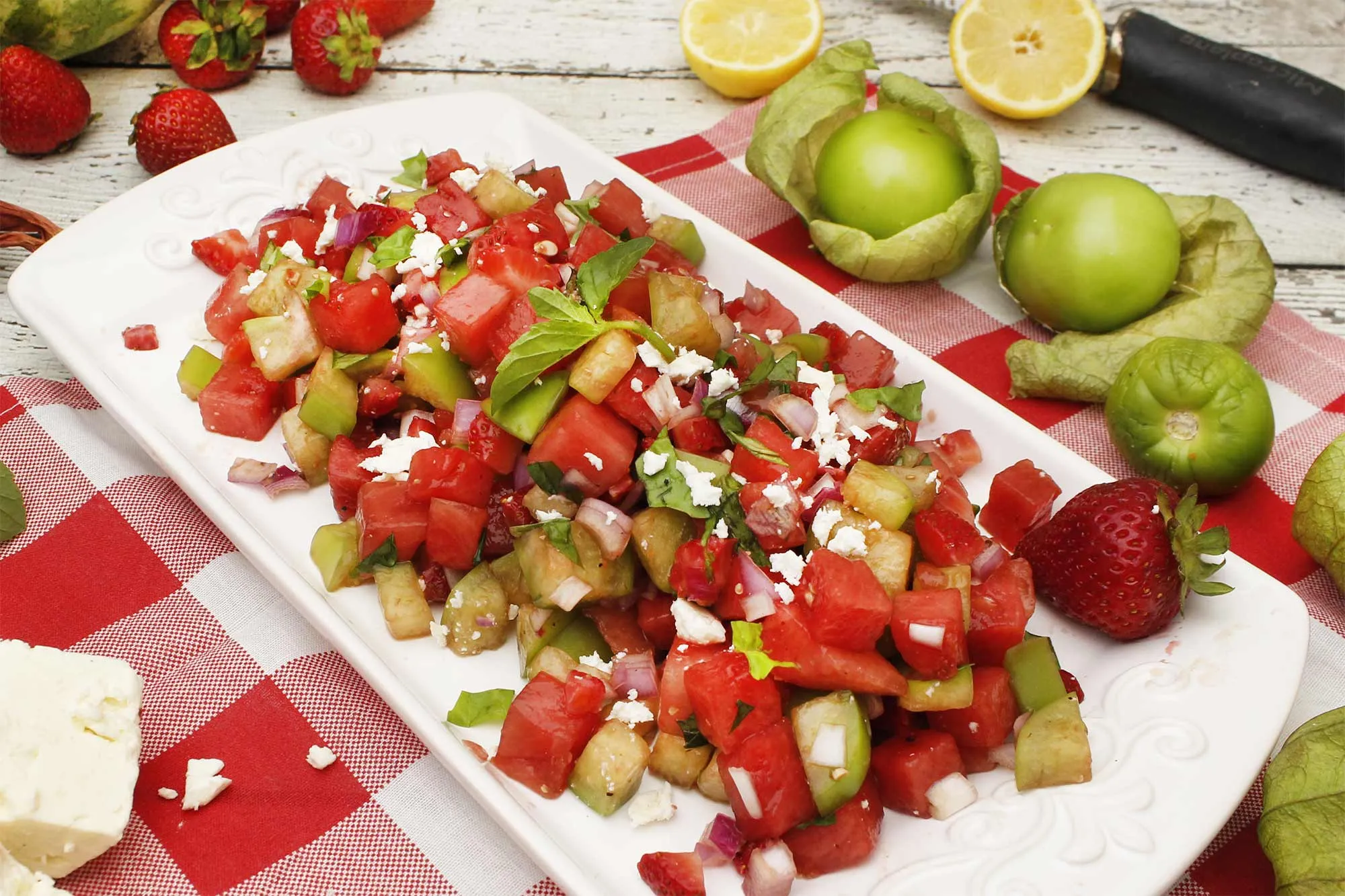 Watermelon Strawberry and Tomatillo Salad