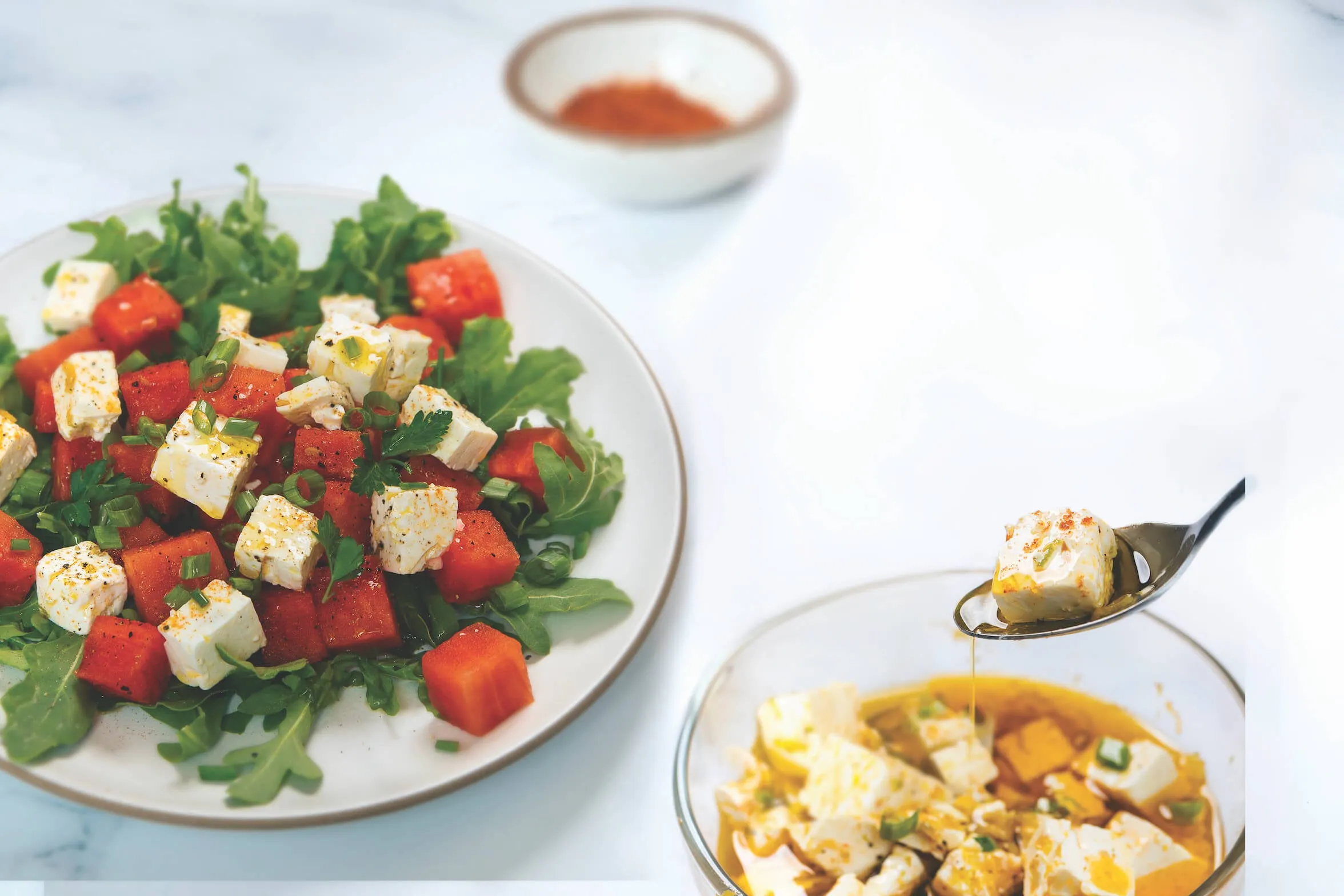Watermelon and Feta Salad with Marinated Olives and Preserved Lemon