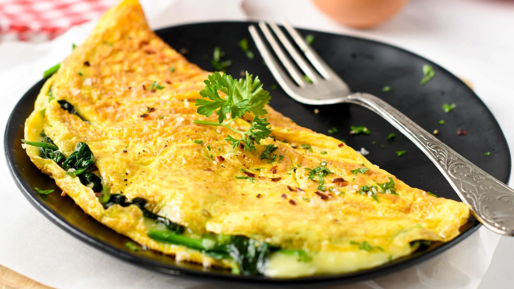 Whole Egg Omelette with Corn, Spinach, and Dill